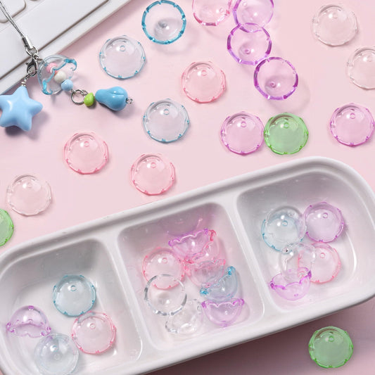 50Pcs Acrylic Clear Flower Bead Caps for Jewelry Making, Transparent Bell Charms, Semi-Round Floral Beads Bulk with Wavy Edge, Jellyfish Beads for Wind Chimes DIY Craft Key Chains-13 * 22mm