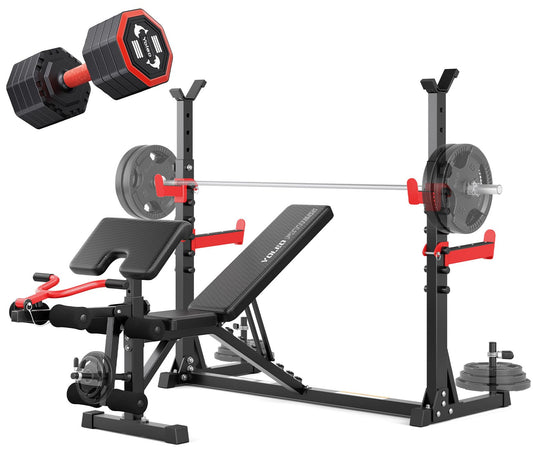 YOLEO 880LBS Weight Bench with Rack - Bench Press Set, Leg Extension, Preacher Curl & Flat/Incline/Decline Full Body Workout Bench, Adjustable Olympic Weight Benches for Home Gym(47.44IN WIDE GRIP) (1*Dumbbell+47.44“ Wide Grip)