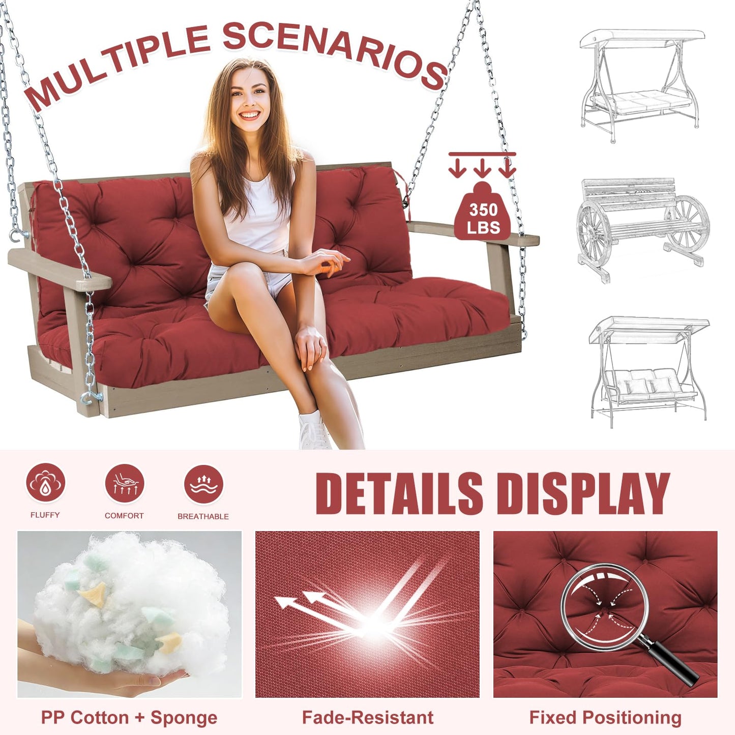 Porch Swing Cushions Outdoor 60 inch x 40 Waterproof Swing Cushions 3 Seater Replacement with Backrest & 8 Ties 5" Thick Bench Swing Cushions for Outdoor Furniture Patio(Wine red)
