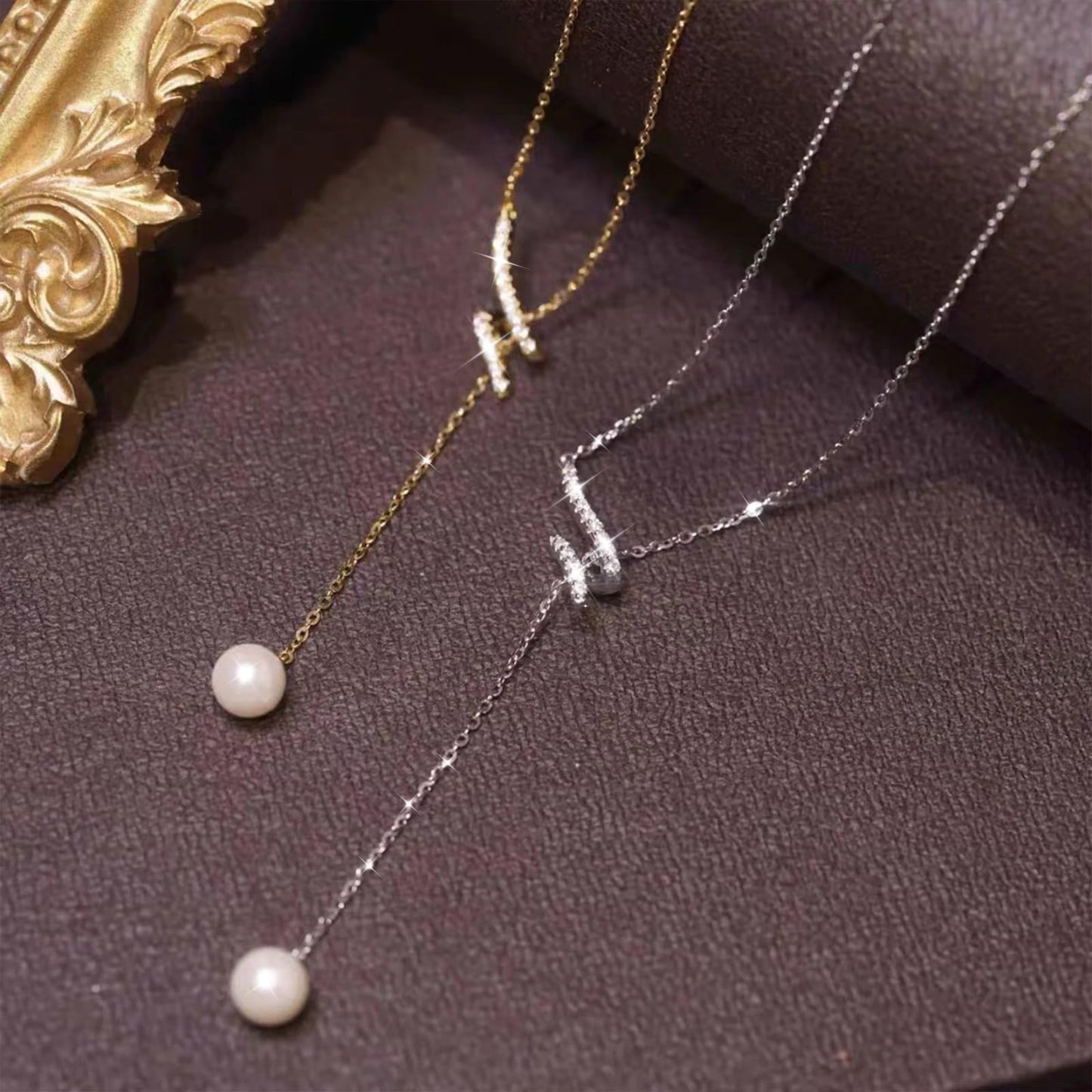 Gold Lariat Necklace for Women,Dainty Long 14K Gold Plated Y-Shaped Pearl Necklace 925 Sterling Silver Cubic Zirconia Crystal Ball Sparkle Necklace for Mother Daughter Wedding Mother's Day Jewelry Gifts