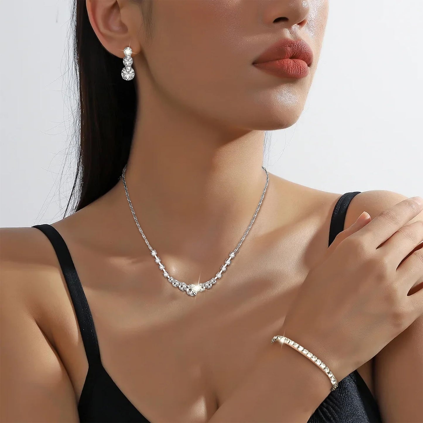 Jstyle 3 Pcs Silver Jewelry Set for Women Wedding Bridal Necklace Earrings Bracelet with Crystal CZ Hypoallergenic Prom Jewelry Set for Bride Bridesmaid Party Birthday Accessories Style 2