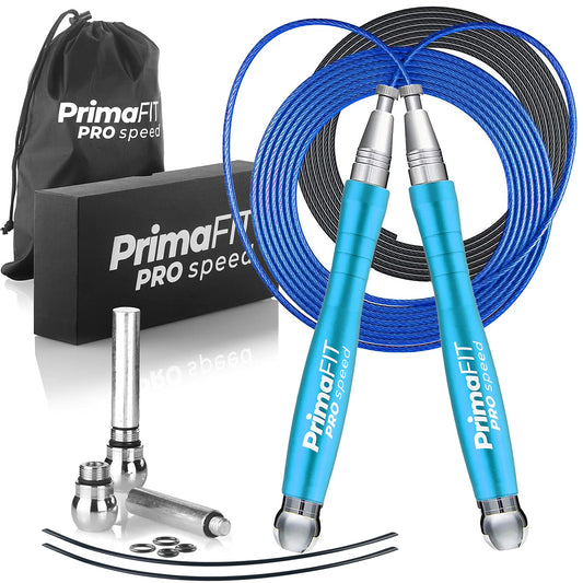 PrimaFIT Jump Rope Pro Speed Skipping Rope Adjustable Adult Jumping Rope Weighted Aluminium Handles for Double Dutch Boxing Workout Crossfit Exercise Fitness Spare Cable Weights Protectors Carry Bag