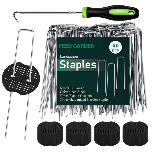 FEED GARDEN Landscape Staples 6 Inch 50 Pack Kit, Heavy Duty 11 Gauge Hot-Dip Galvanized Garden Stakes with 50 Gaskets & 1 Pick Hook for Weed Barrier, Landscape Fabric, Sod, Turf & Garden Edging