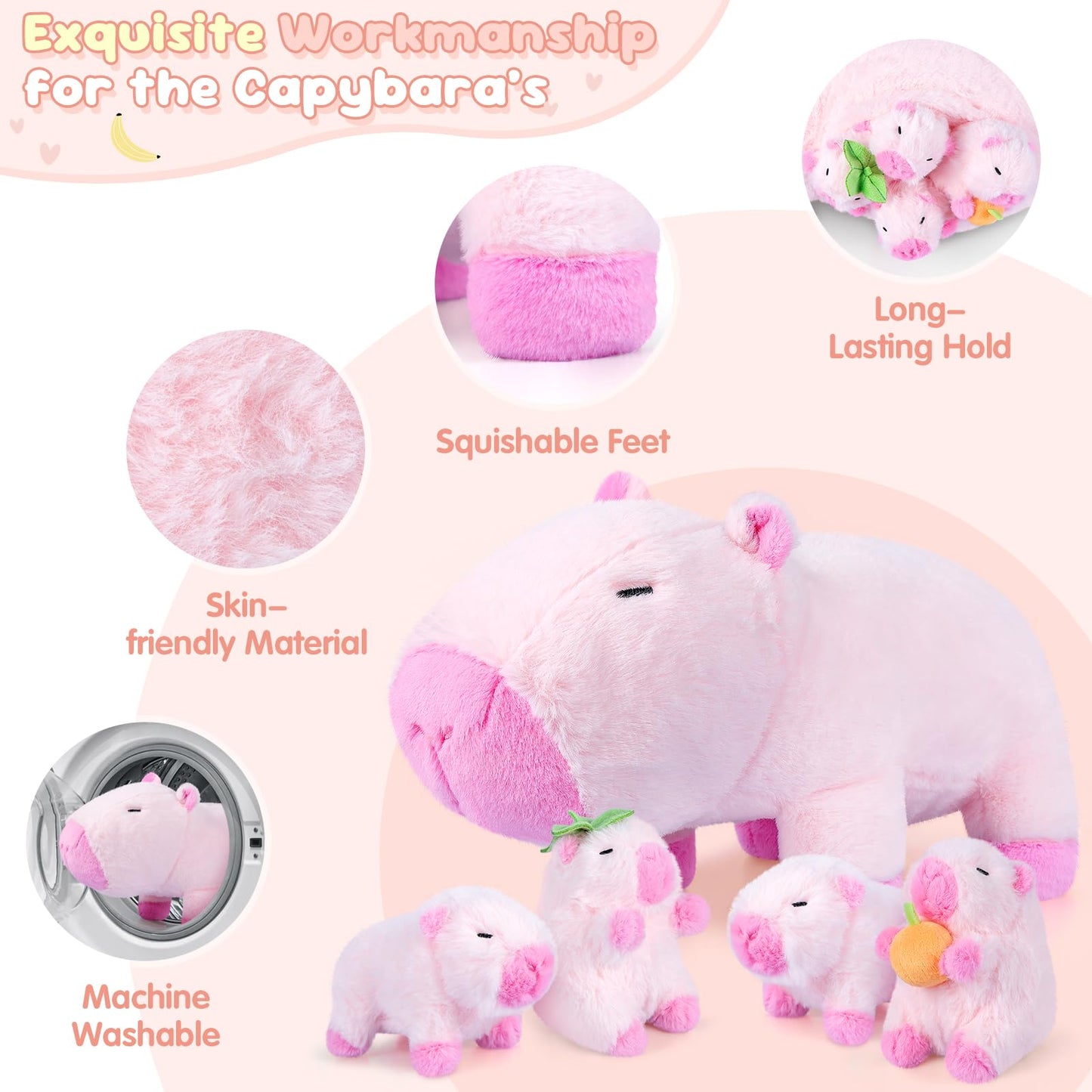 SuzziPals 5-in-1 Pink Capybara Plush with Babies Inside, 5Pcs Set Capybara Stuffed Animal with Mommy & 4 Babies, Cute Plush Pillow Decor, Cute 3 to 8 Year Old Girl Gift, Imaginative Toy (Capibara)