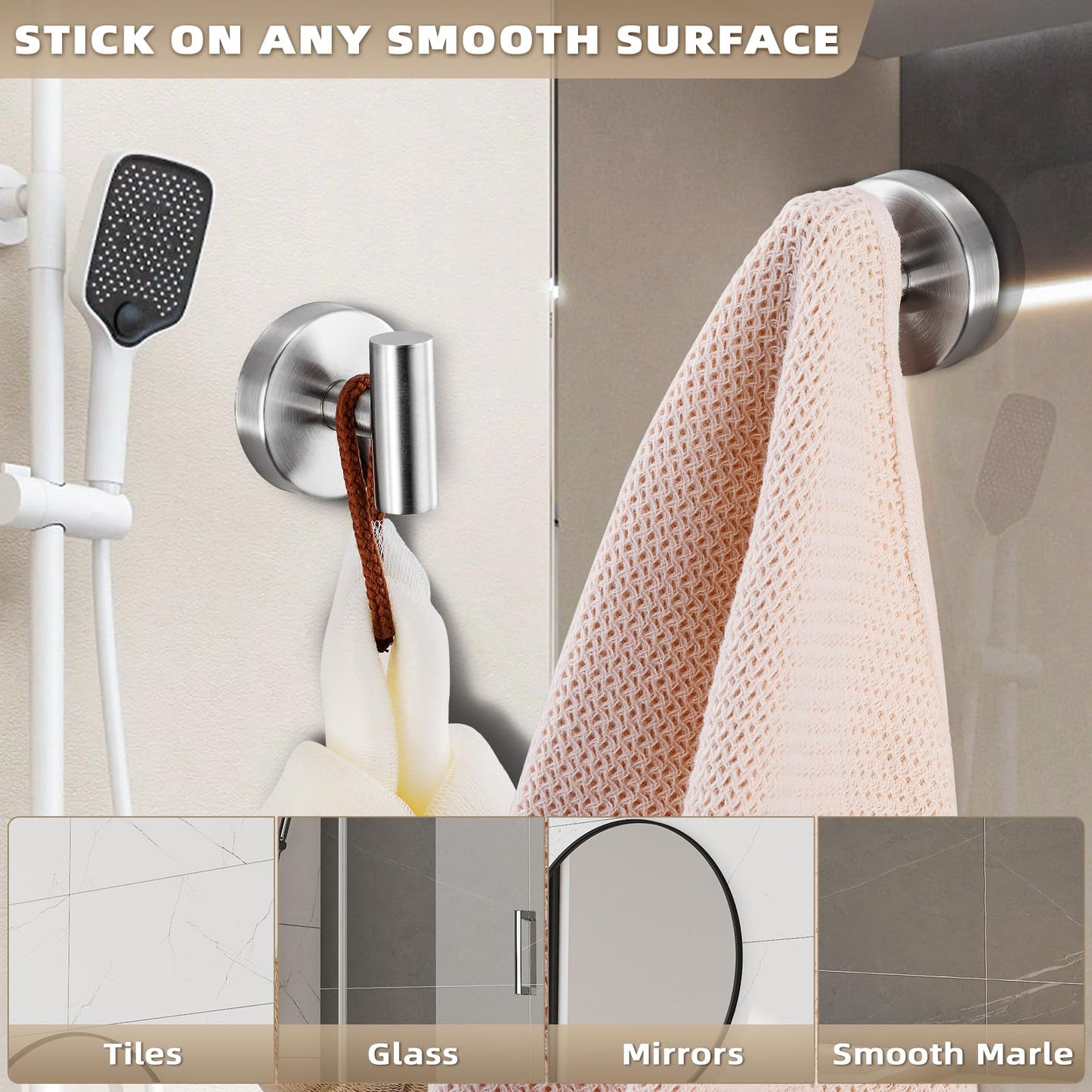 Fenas Suction Cup Hooks for Shower - Bathroom Reusable Hooks for Towels, Robes & Loofah - No-Drill Mounting on Kitchen,Walls,Metal,Glass,Mirrors,Tile & Smooth Non-Porous Surfaces (2, Brushed Nickel)