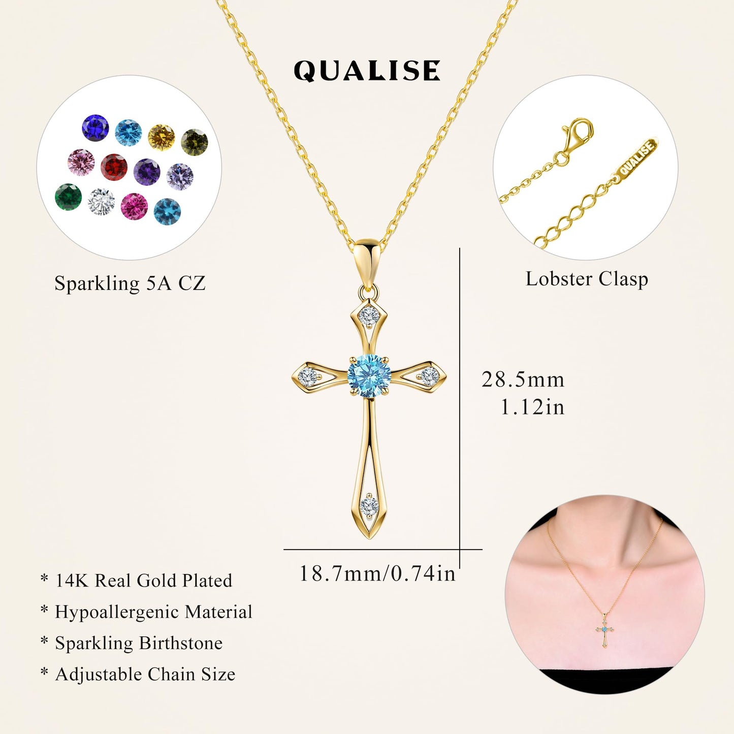 14K Gold Plated Solid Cross Necklace for Women,925 Sterling Silver Ladies Faith Cross Birthstone Pendant Christian Religious Confirmation Baptism Everyday Fine Jewelry Anniversary Birthday Gifts for Her