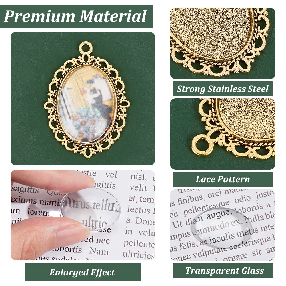 PH PandaHall 60pcs Pendant Tray Kit, 30pcs 5 Color Oval Pendant Blank Bezel, 30pcs 25 x 18mm Glass Cabochon Dome Tiles Clear Cameo Memorial Photo Pendant for Wedding Bouquet Graduation Photo Charm