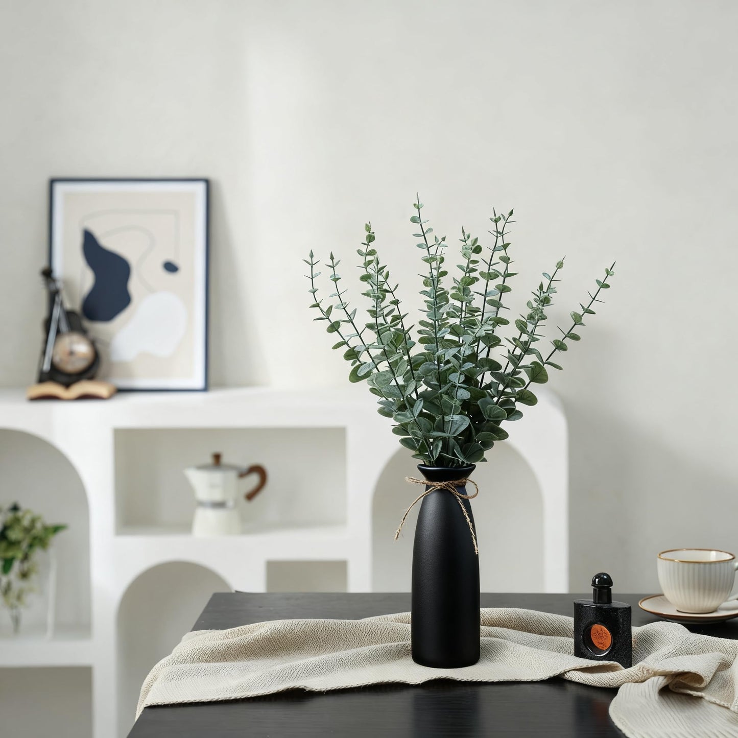 Shanranplus Vase with Greenery, 20pcs Artificial Eucalyptus Stems in Black Vase, Fake Plant Home Decor, 19" Decorative Faux Plants for Home Farmhouse Mantle Centerpiece Decor