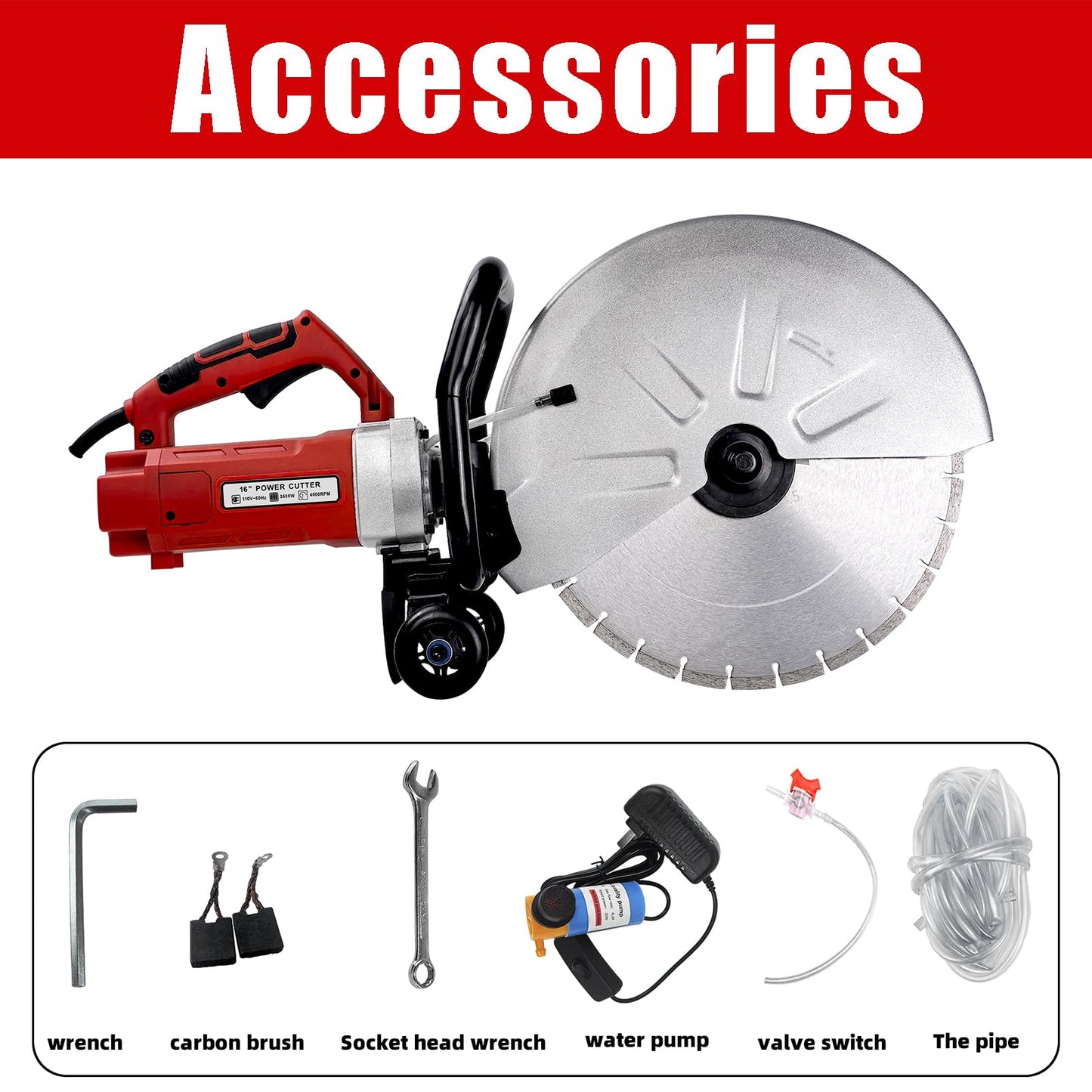 JKCHENPRO 3500W Electric Concrete Saw - 16" Cut-Off Saw with Diamond Blade, 6.1" Max Cutting Depth, 110V Power for Asphalt & Masonry