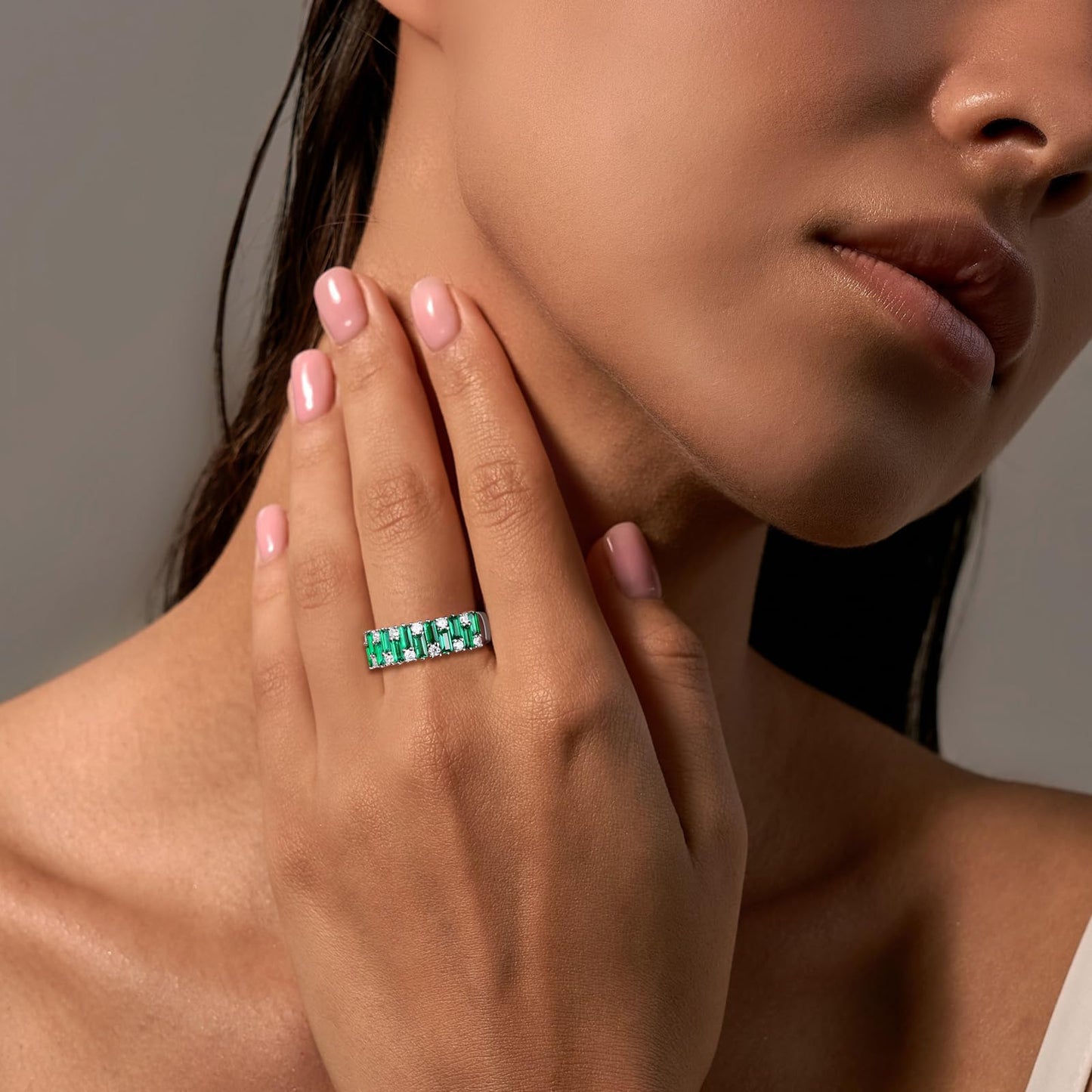 RANDES Emerald Eternity Band Rings for Women Emerald Engagement Ring Sterling Silver Green Stone Baguette Wedding Bands Anniversary Size 8