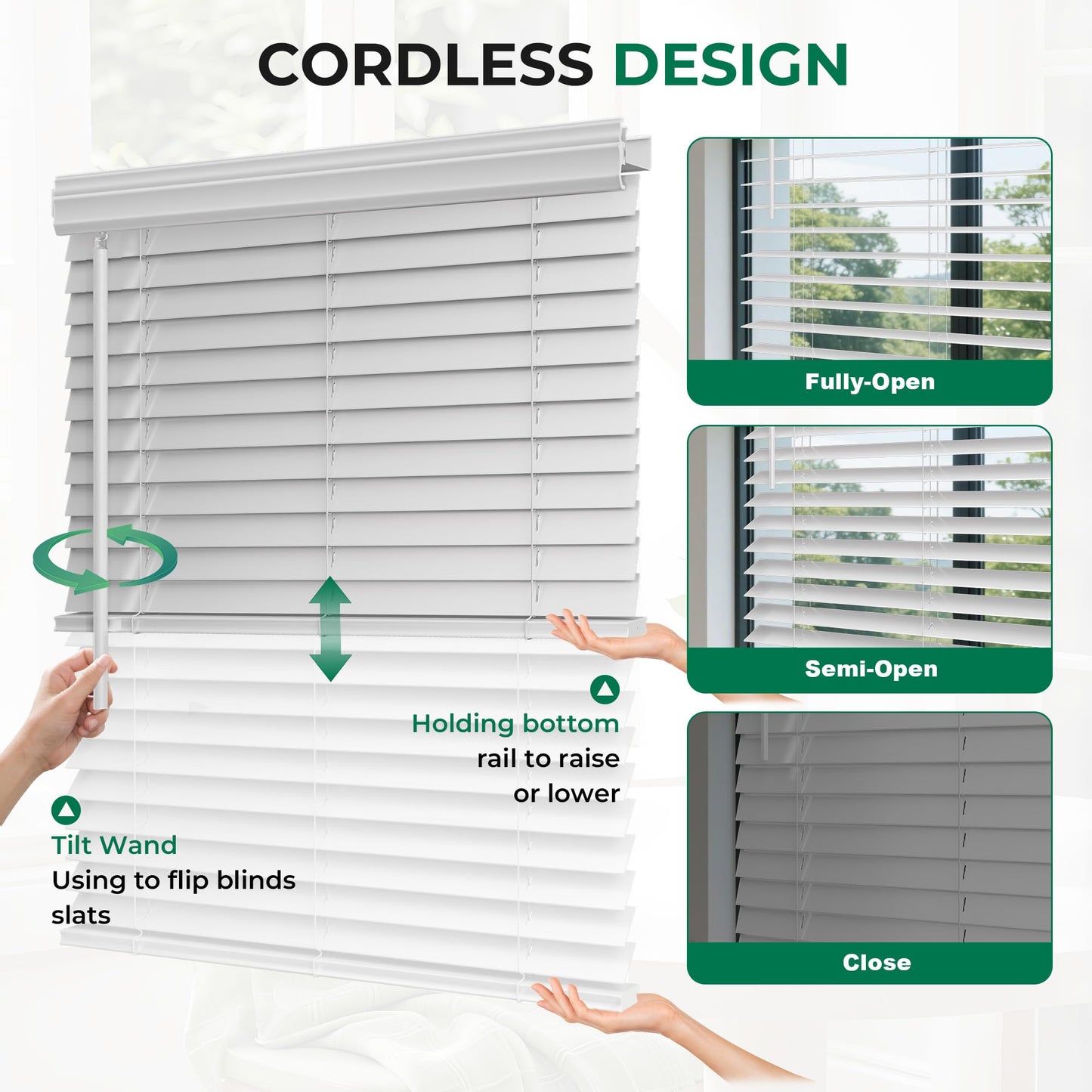 Allesin zen Cordless Faux Wood Blinds with Classic Valance, 2" Blinds for Indoor Windows-23 W x 48" H-White, Smooth Lift Operation, Horizontal Window Blinds for Home and Office