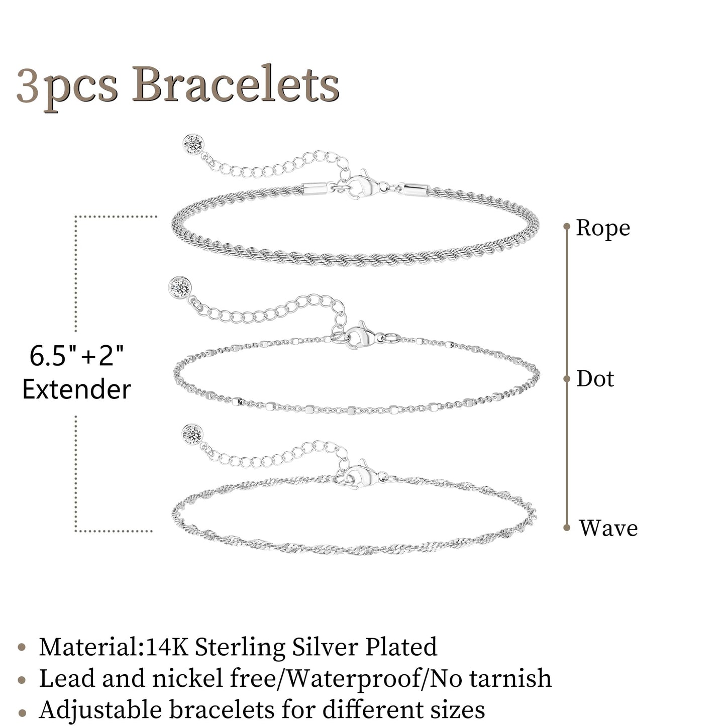 DEARMAY Dainty Silver Plated Bracelets for Women Trendy, Silver Jewelry Set Paperclip Box Herringbone Figaro Rope Chain Bracelet for Women Fashion Pack Gifts
