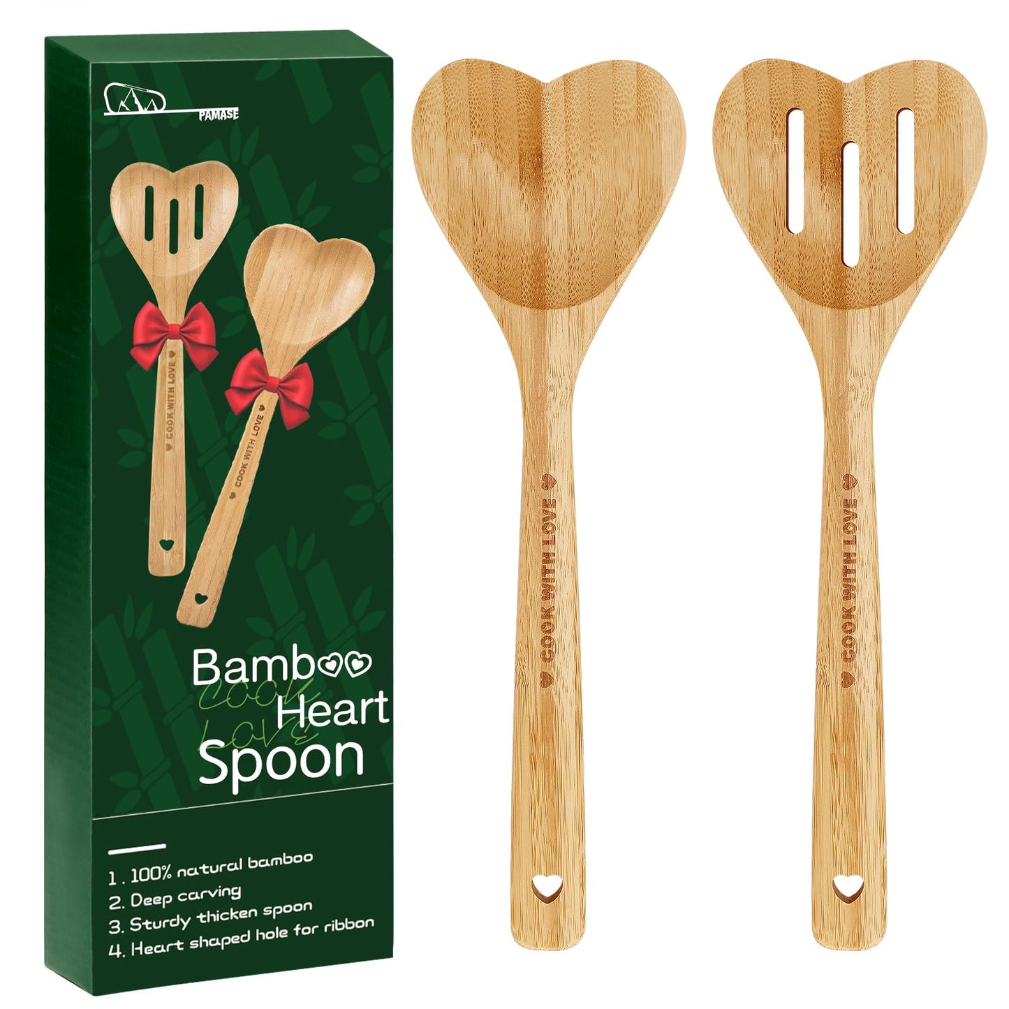 Bamboo Heart Shaped Spoon for Cooking - Wooden Cook with Love Spoon Kitchen Utensils, Mother's Day Gifts for Grandma Mom Couple Wife Hostesses House Warming, 2Pcs