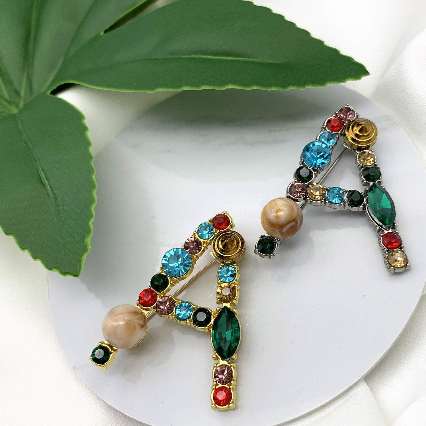XGALBLA Letters A Plated Metal Stone Clear Colorful Crystal Lapel Pin Brooches Collar(Gold Tone)