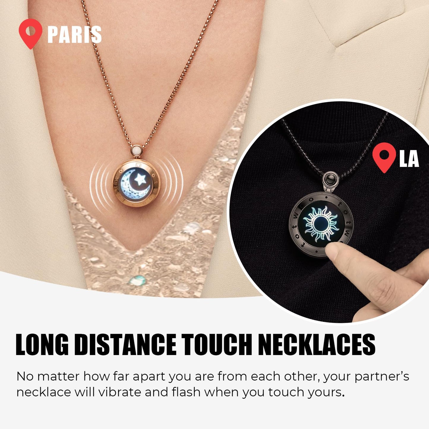 Single Long Distance Touch Necklace for Couples, Vibration & Light Up Smart Love Jewelry, Long Distance Relationship Gifts for Girlfriend Boyfriend Her Him, One-to-One Bluetooth Pairing via the Companion App