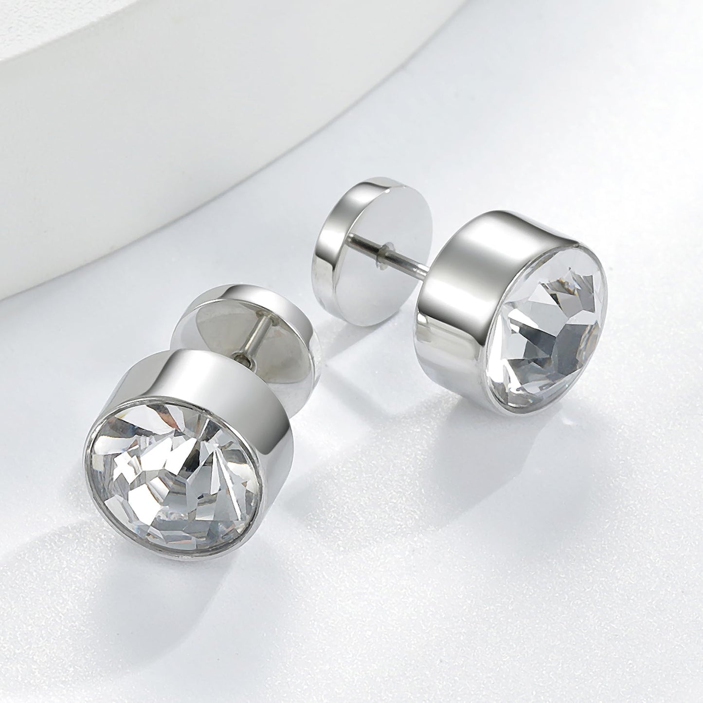 VOLUKA Titanium Earrings Screw Flat Back Earrings Studs Hypoallergenic for Sensitive Ears Cubic Zirconia Created Quartz Punk Dot Disc Barbell Stud Earrings-10mm CZ