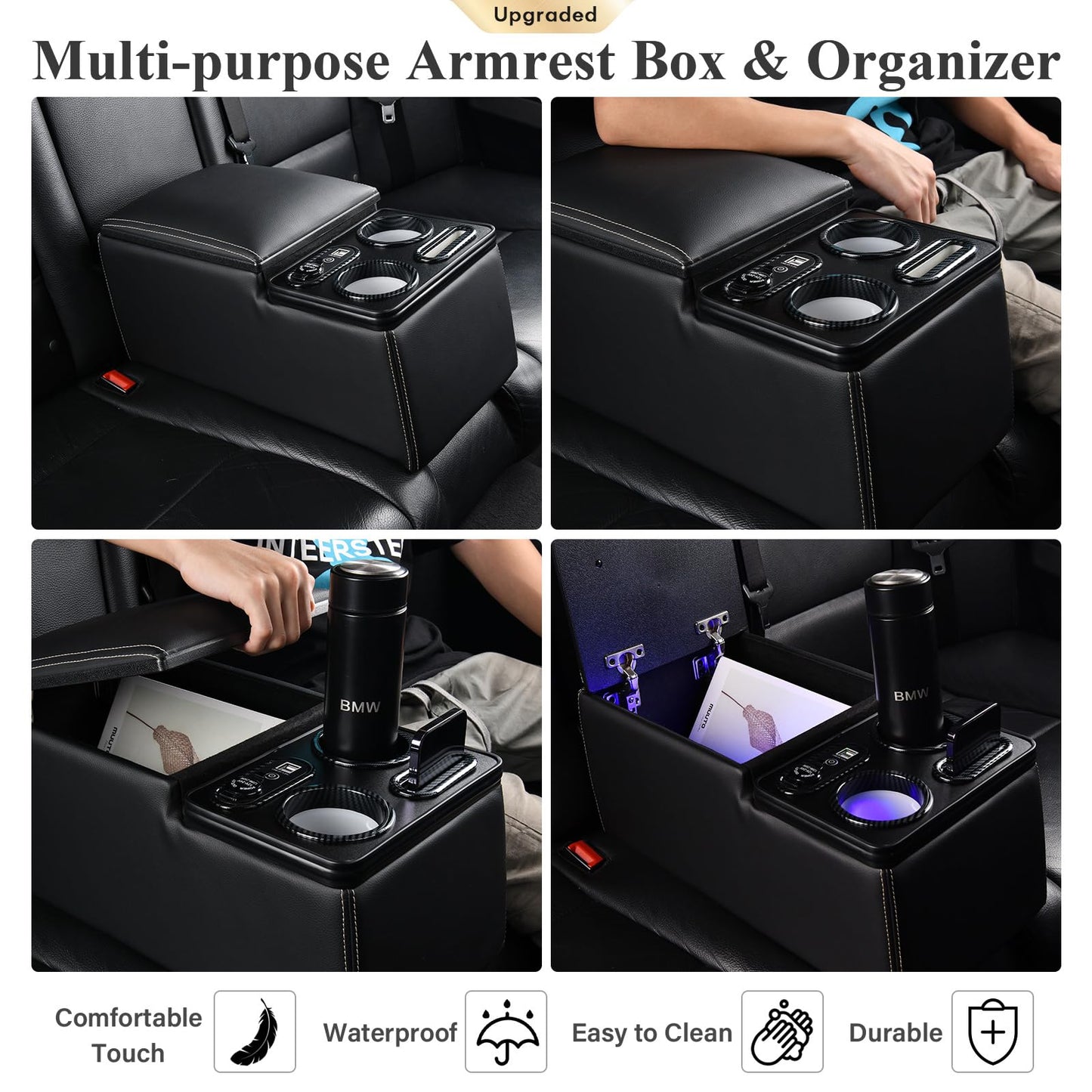 Coverado Car Center Console, Universal Rear Bench Seat Console, Back Seat Car Organizer, Automotive Center Console with Cup Holder & Phone Holder, Central Armrest Box (Update, Black)