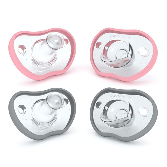 Nanobebe Baby Pacifiers 0-3 Month - Orthodontic, Curves Comfortably with Face Contour, Award Winning for Breastfeeding Babies, 100% Silicone, Baby Registry Gift 4pk,Pink/Grey