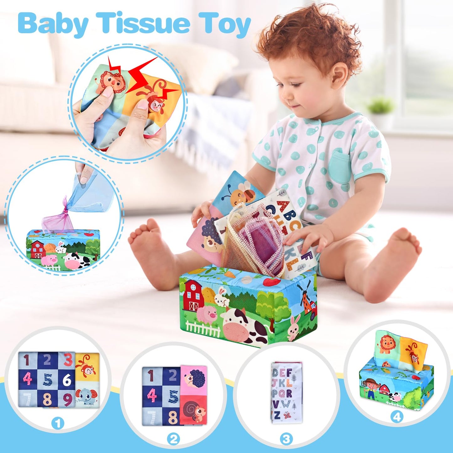6 In 1 Baby Toys, 6-12 months Baby Toys, 0-6 12-18 Montessori Toddler Gifts For Toddlers, Farm Animals Playset & Teething & Stacking Building Block Cup & Tissue Box & Sensory Bin For Development