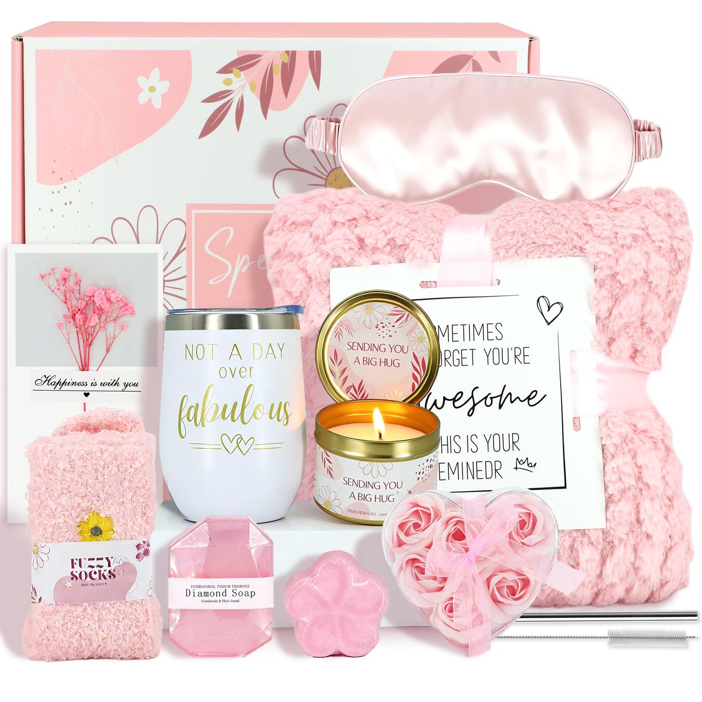 Birthday Gifts for Women, Self Care Get Well Soon Gifts Basket for Women, Flower Relaxing Spa Gift Basket Bath Set,Unique Luxury Self Care Box Gift for Mom Her Wife Sister Girlfriend, Girl Friend Pink