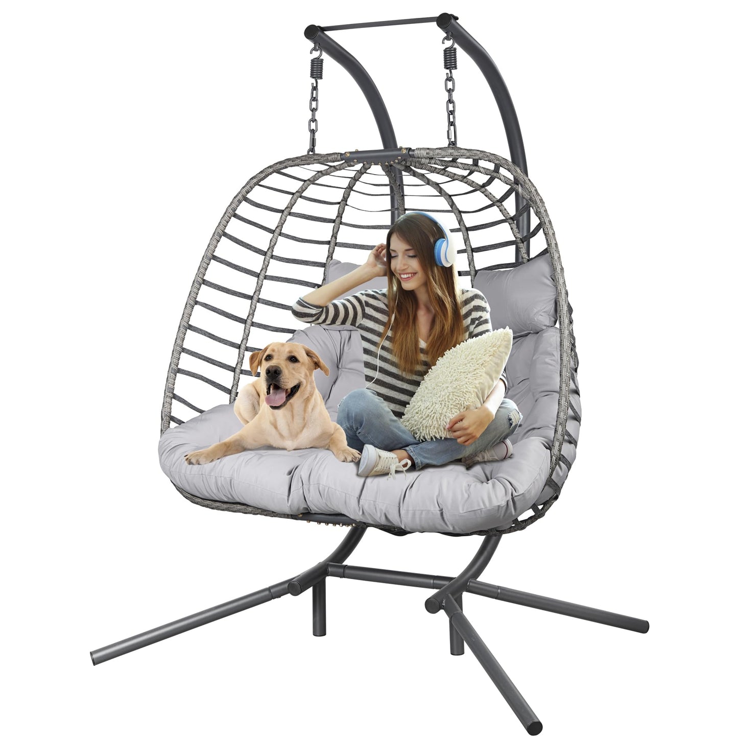 Double Hanging Egg Chair wth Stand, Patio Hammock Swing Chair with Cushion Loveseat for Bedroom, Balcony, Garden, Indoor, Outdoor