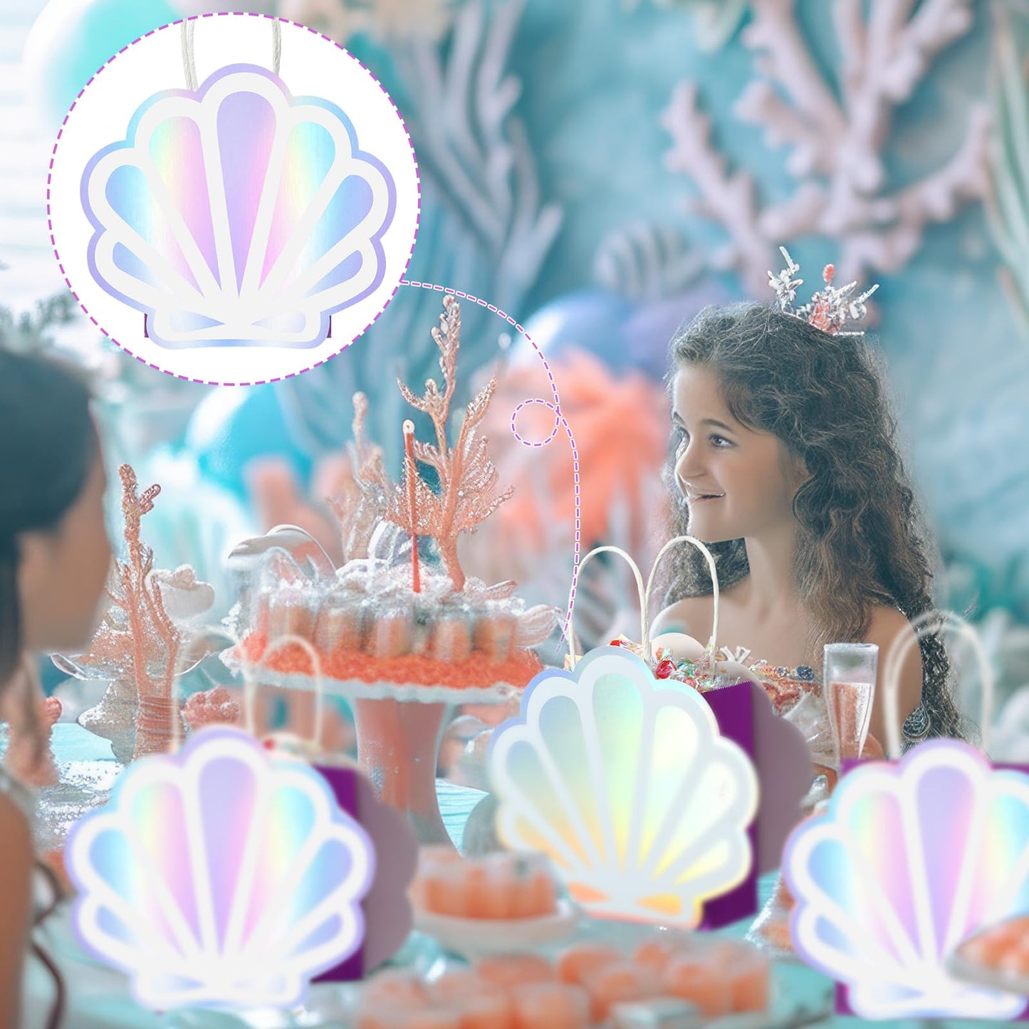 Locmeo 12 Pack Holographic Sea Shell Gift Bags Mermaid Party Favor Bags with Iridescent Shell Paper Cards for Mermaid Themed Supplies Ocean Under The Sea Party Favors