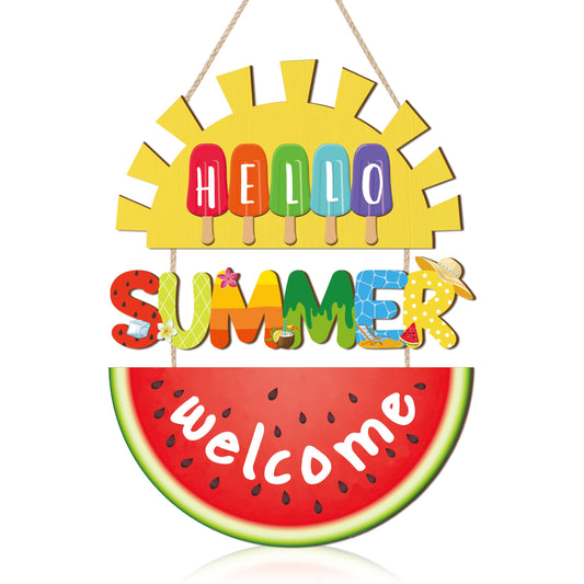 HOURIA Hello Summer Welcome Front Door Sign,11.4"*14.6"Inch Watermelon Sunshine Wood Hanging Plaque for Wreath,Colorful Summer Ice Cream Door Hanger for Porch Garden Farmhouse Indoor Outdoor