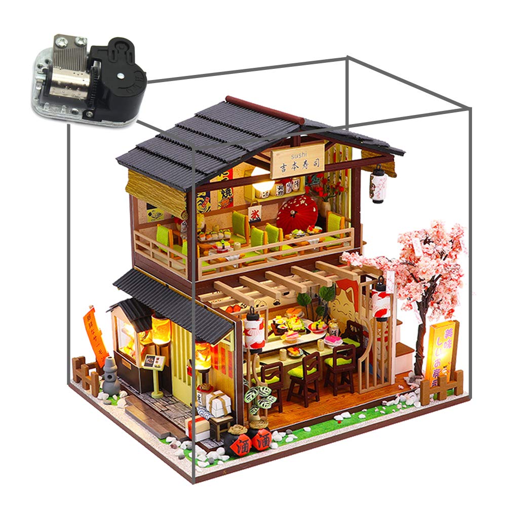 DIY Miniature Dollhouse Kit Japanese-Style Restaurant Wooden Miniature Doll House with Music and Dust Cover DIY Scene Architectural Model Toy Puzzle Fun Parent-Child Gift