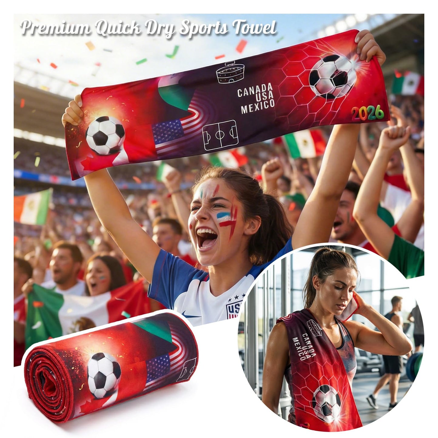 Exun Soccer Fan Gift Basket Set 2026 – 9 Piece Sports Accessories Bundle with Stainless Steel Tumbler, Towel, Keychain, Hat, Wristband & Metal Pin – Triple Nation Flag Design, World Soccer Lover Gift