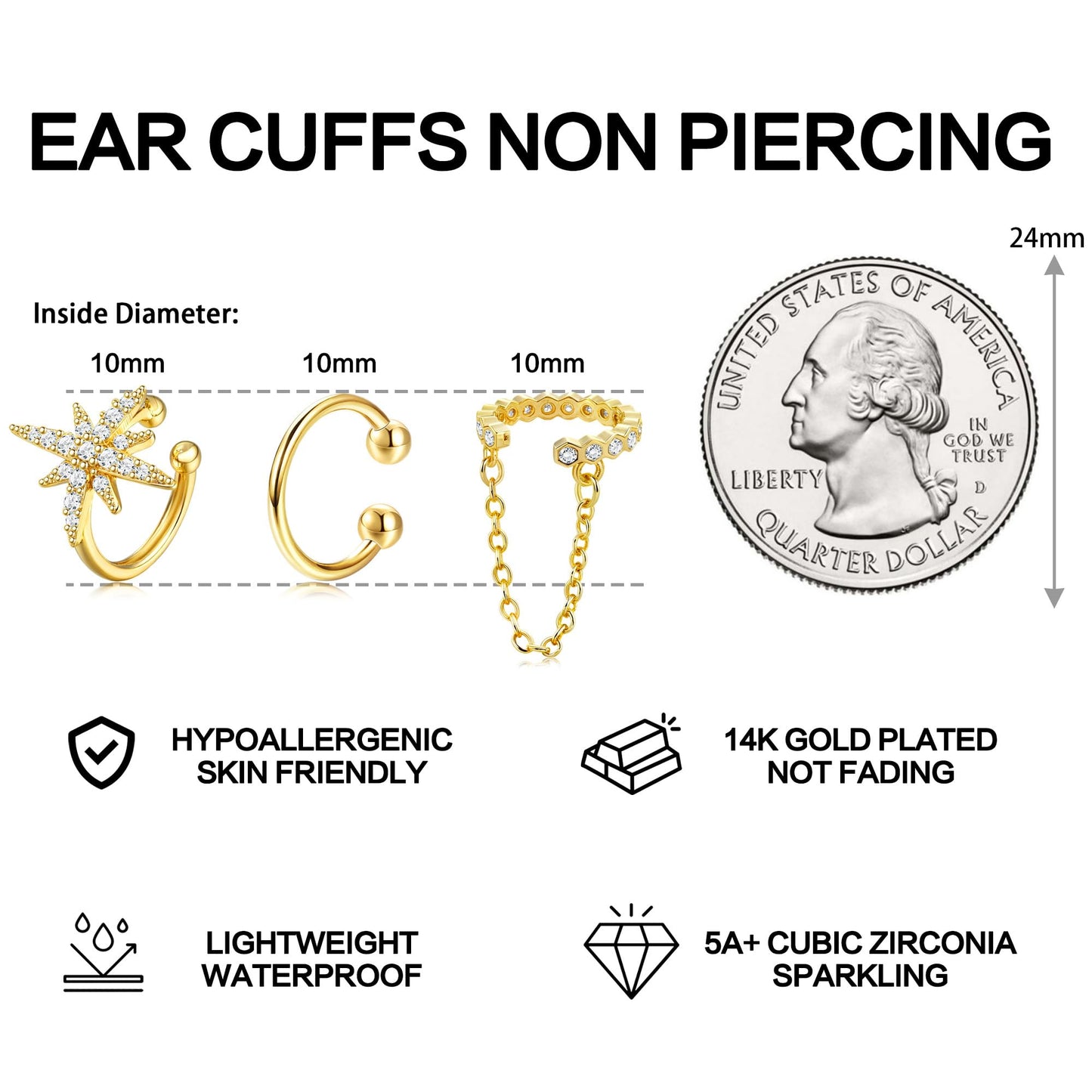 Dochais Ear Cuffs Non-Piercing Earrings for Women Cute Small Clip-On Cartilage Earring 14k Gold Plated Dainty Fake Piercings Earings Gold Style4