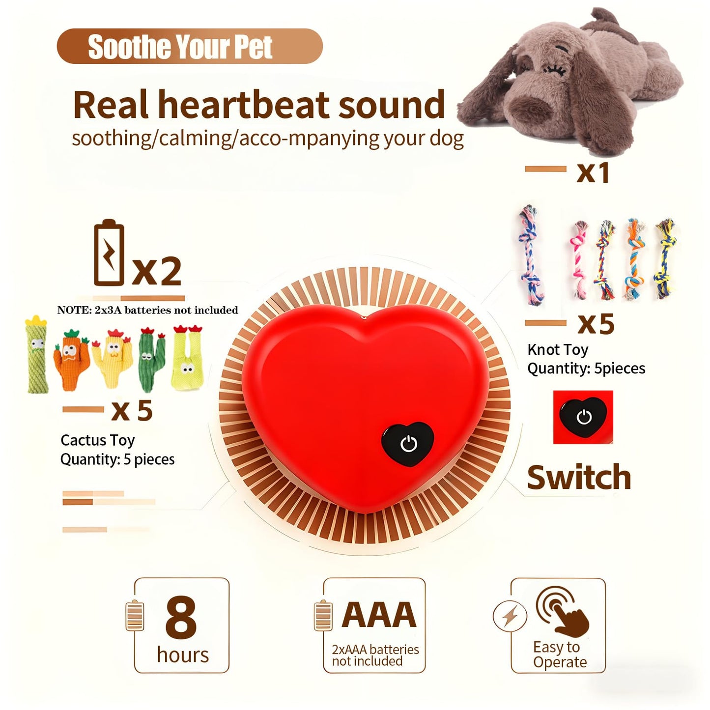 BEVERLYSHARK Heartbeat Puppy Toy Dog Anxiety Relief Calming Aid Heartbeat Stuffed Animal Behavioral Training and Sleep Aid Comfort Dog Toy Crate Training Heartbeat Dog Toy for Small Medium Large Dogs