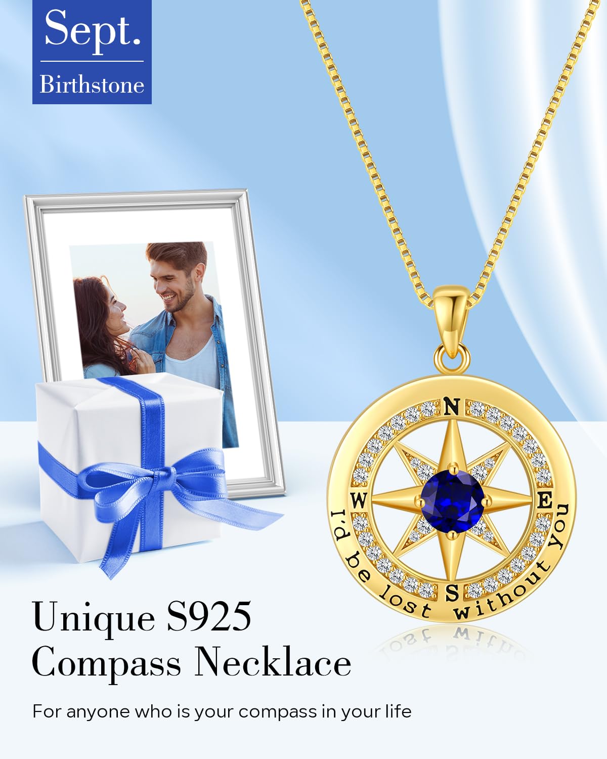 S925 Necklace Gift for Wife |Compass Jewelry |Women Anniversary |Sterling Silver |Girlfriend Birthday Necklaces for Her Valentines |I'd be Lost without You |Jewel 18K Gold Sept 09