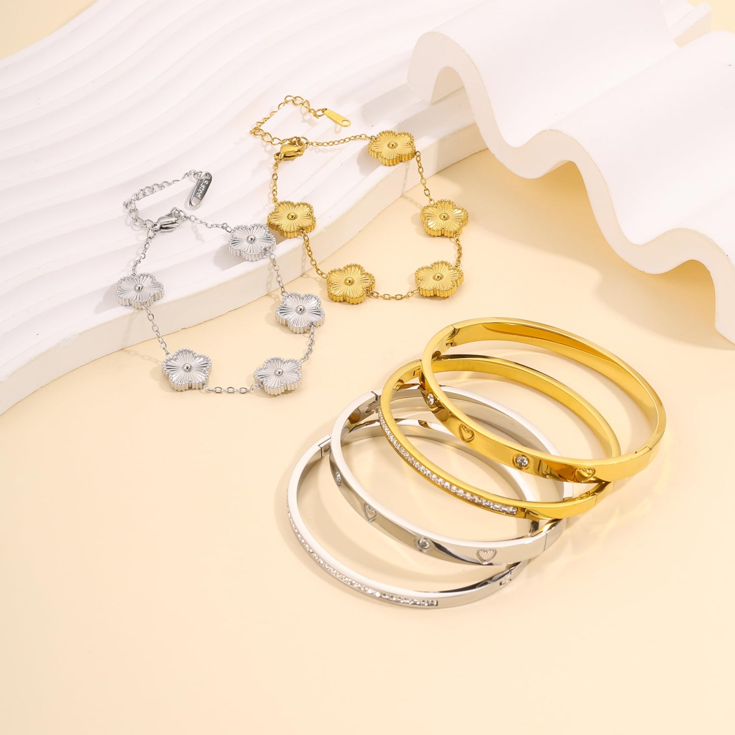 Acnode Gold Clover Bracelets for Women - Stackable Stainless Steel Nail Bracelet, Friendship & Love Bangle - Trendy Jewelry Set, Ideal Birthday Gift (Silver 3PCS)