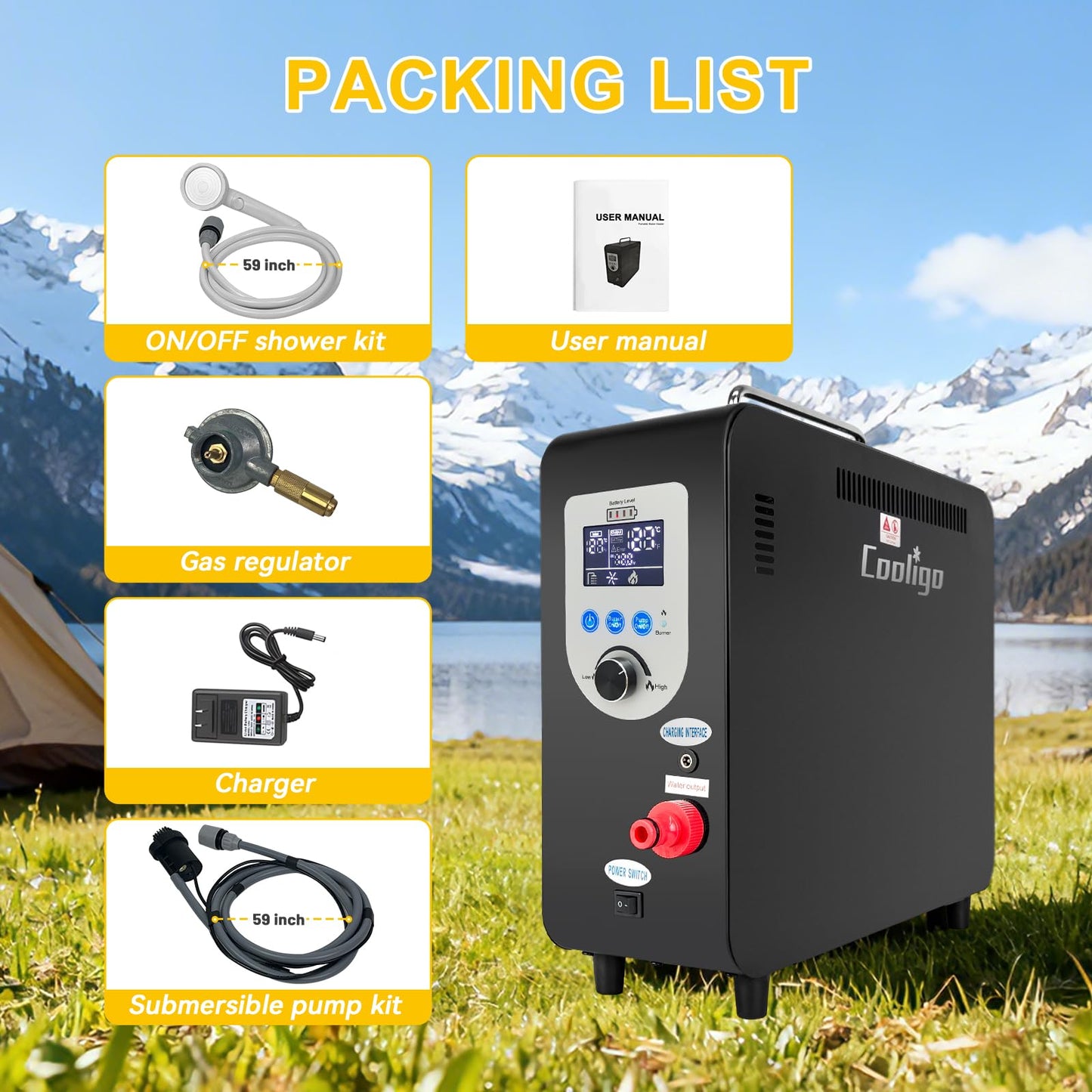 Portable Propane Water Heater for Camping Shower, 40,900 BTU 4500mAh Rechargeable Battery, Tankless Water shower for Outdoor Shower with Pump, Table Top Camp Water Heater for Camping and Vacationing