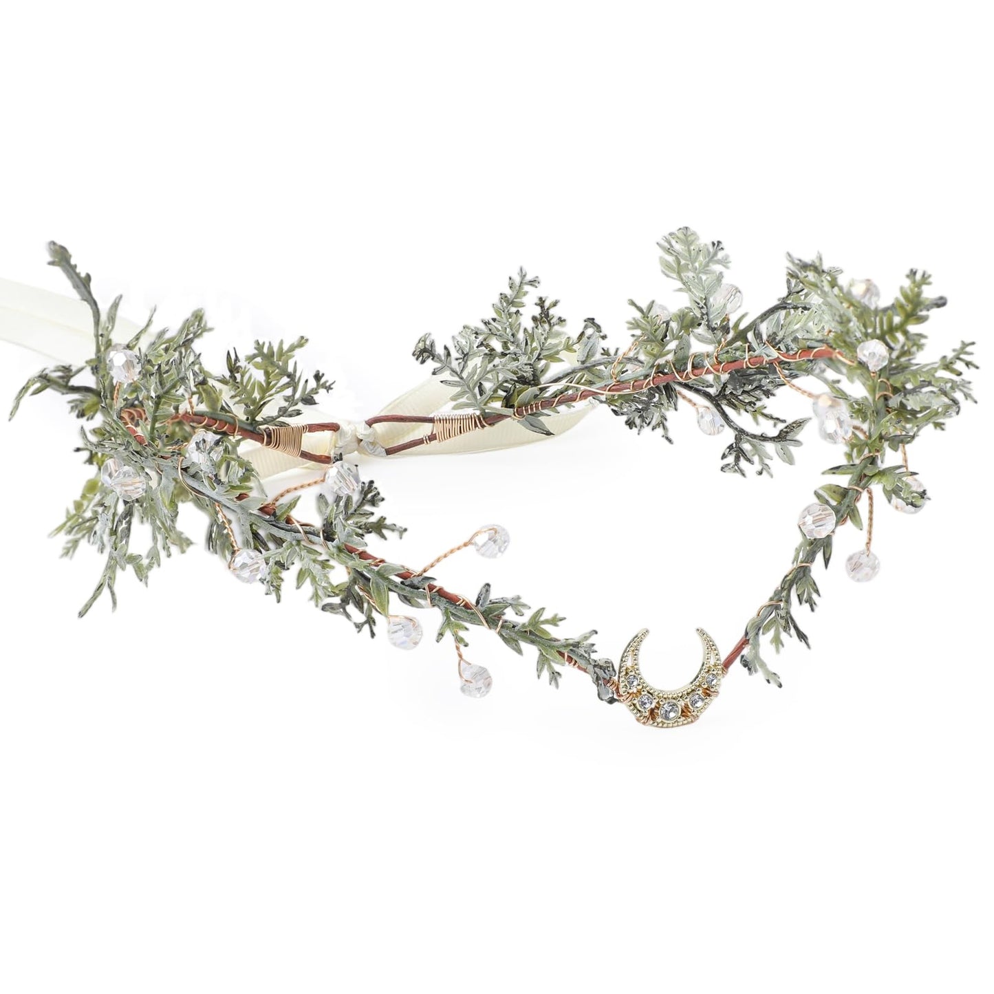 MOSTORY Green Flower Fairy Crown - Elf Crown Headpiece for Woodland Renaissance Costume Women, Floral Forest Circlet with Rhinestone for Renfaire Cosplay Photo Shoot