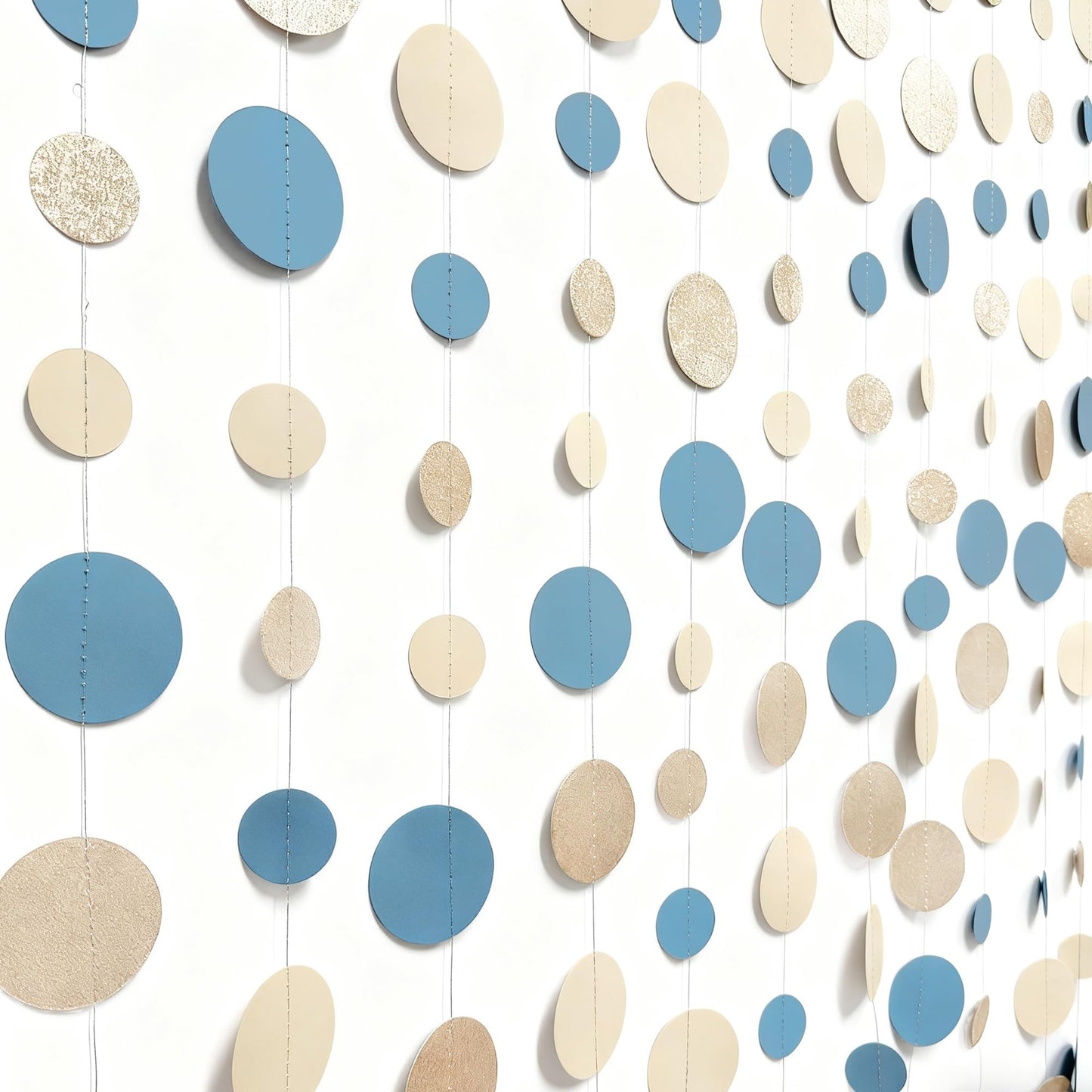 Champagne Gold Dusty Blue Beige Circle Dot Garland Hanging Paper Polka Dot Streamer for Men Boy Birthday Baby Shower Wedding Bridal Shower Retirement Engagement Bachelorette Party Decorations Supplies