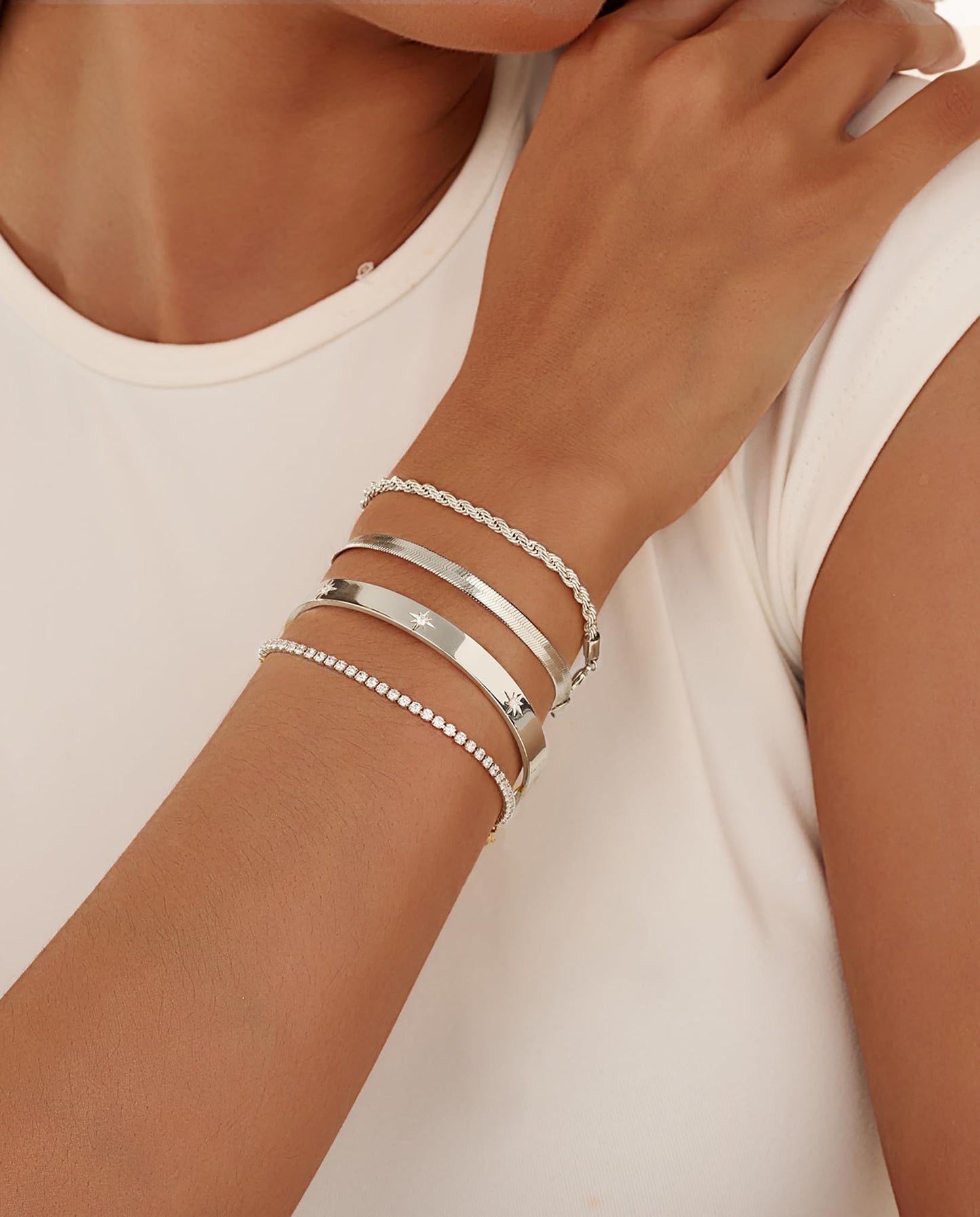 Gold Bracelets for Women 14K Gold Plated Stack Trend Bracelets Charm Paperclip Chain Cuban Link Layered Waterproof Bracelet Dainty Bracelet for Women Jewelry Gifts (Silver)