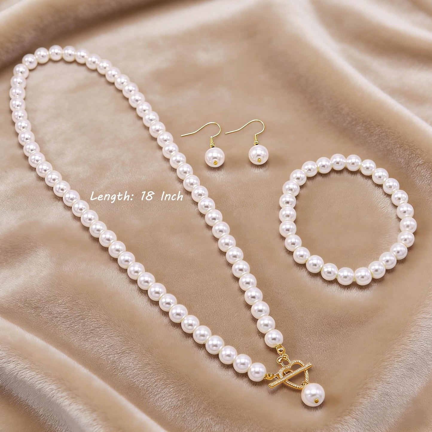 Cryshimmer Pearl Choker Necklace for Women 16K Gold Plated Faux Pearl Beads Strand Necklace Bracelet Earring Set Costume Jewelry(Heart-3PCS)
