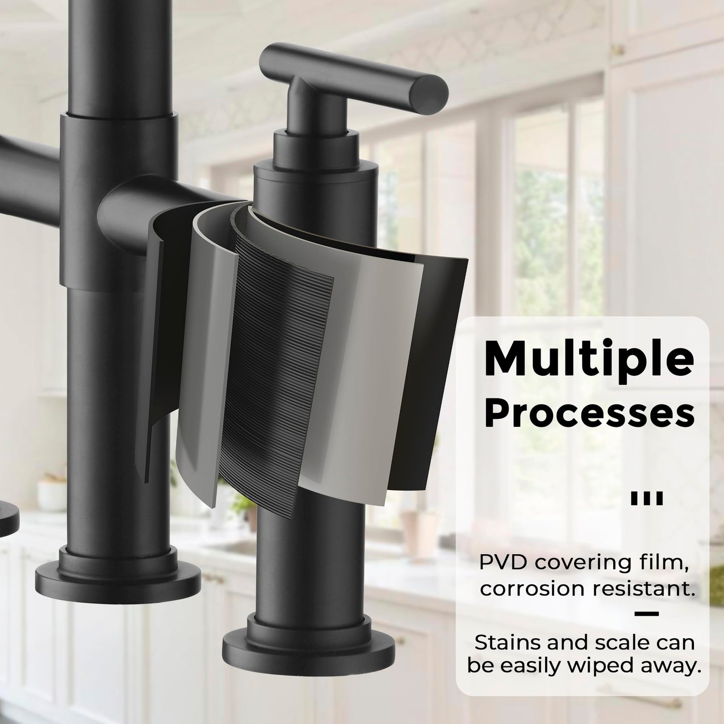ARRISEA Bridge Kitchen Faucet with 3 Mode Pull-Down Sprayer 2 Handle 8 Inch Faucet for Kitchen Sinks 3 Hole Kitchen Sink Faucet, Fingerprint Resistant Spot Free Matte Black