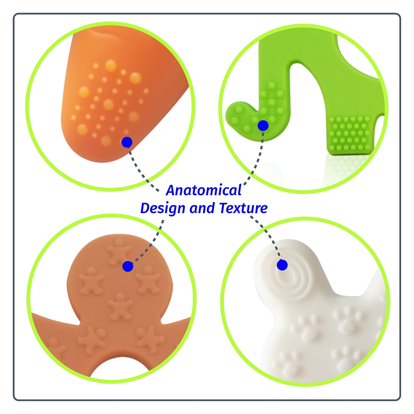 WANABUY - Silicone Pacifier teether Toys for Babies 0-6 and 6-12 Months – Package of 4 Baby teethers - Pain Relief – Infants and Toddlers. Safer Than Plastic - Soft and Flexible - Easier to Clean