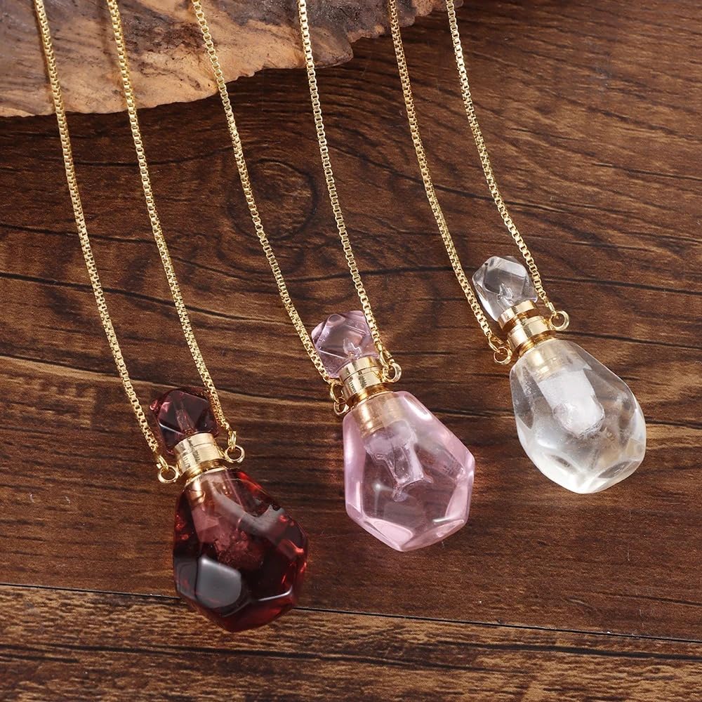 14K Yellow Gold Natural Stone Vial Necklace For Women - Glass Vial Pendant Necklace Water Drop Jar Perfume Necklace - Water Container Vial Necklaces For Liquid Oil Diffuser Vial Jewelry
