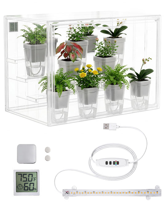 Clear Mini Indoor Greenhouse, Small Tabletop Portable Green House with Magnetic Door, Grow Light and Hygrometer, Stackable (Plants and Pots are not Included)