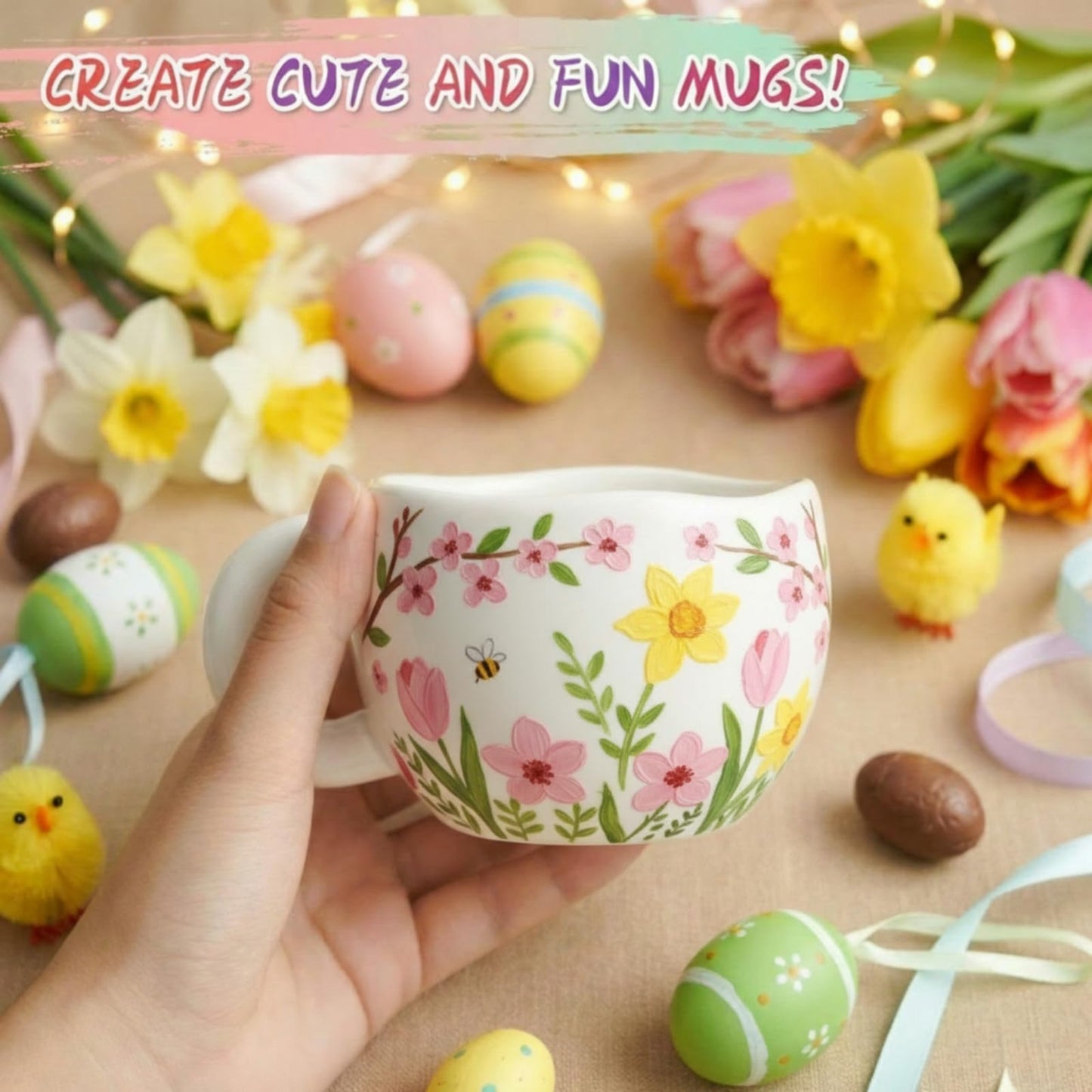 Geiserailie Pottery Painting Kit for Adults, Paint Your Own Mug DIY Set with 2 Ceramic Mugs, 12 Acrylic Paints & Brushes Painting Gift for Easter Graduation Mother's Day Party(Petal-Shaped Mouth)