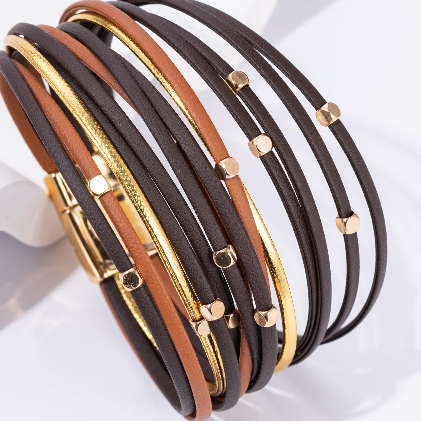 Becklynn Boho Leather Wrap Bracelets Beaded Crystal Stackable Cuff Bracelet with Magnetic Clasp Cowboy Cowgirl County Concert Outfits Western Jewelry Gifts for Women(Beaded Brown)