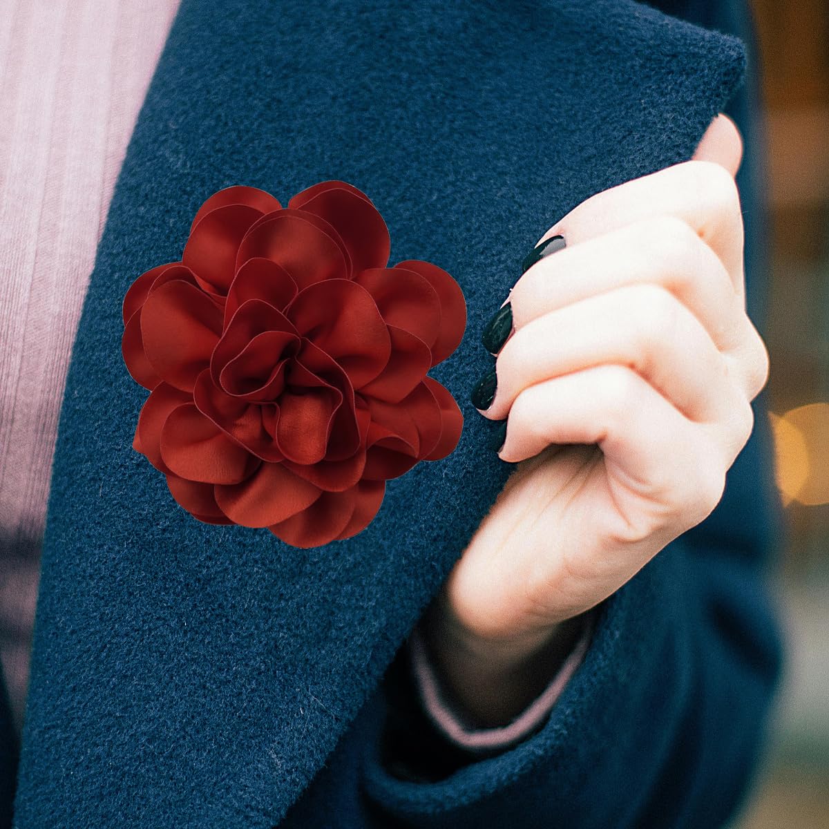 ZZ ZINFANDEL 19mm Extra Large Rose Flower Brooches Lapel Pins Dainty Satin Fabric Brooches Big Camellia Flower Brooch Pin for Women Wedding Part Dance Clothes Accessories Jewelry Gifts (Dark Red)