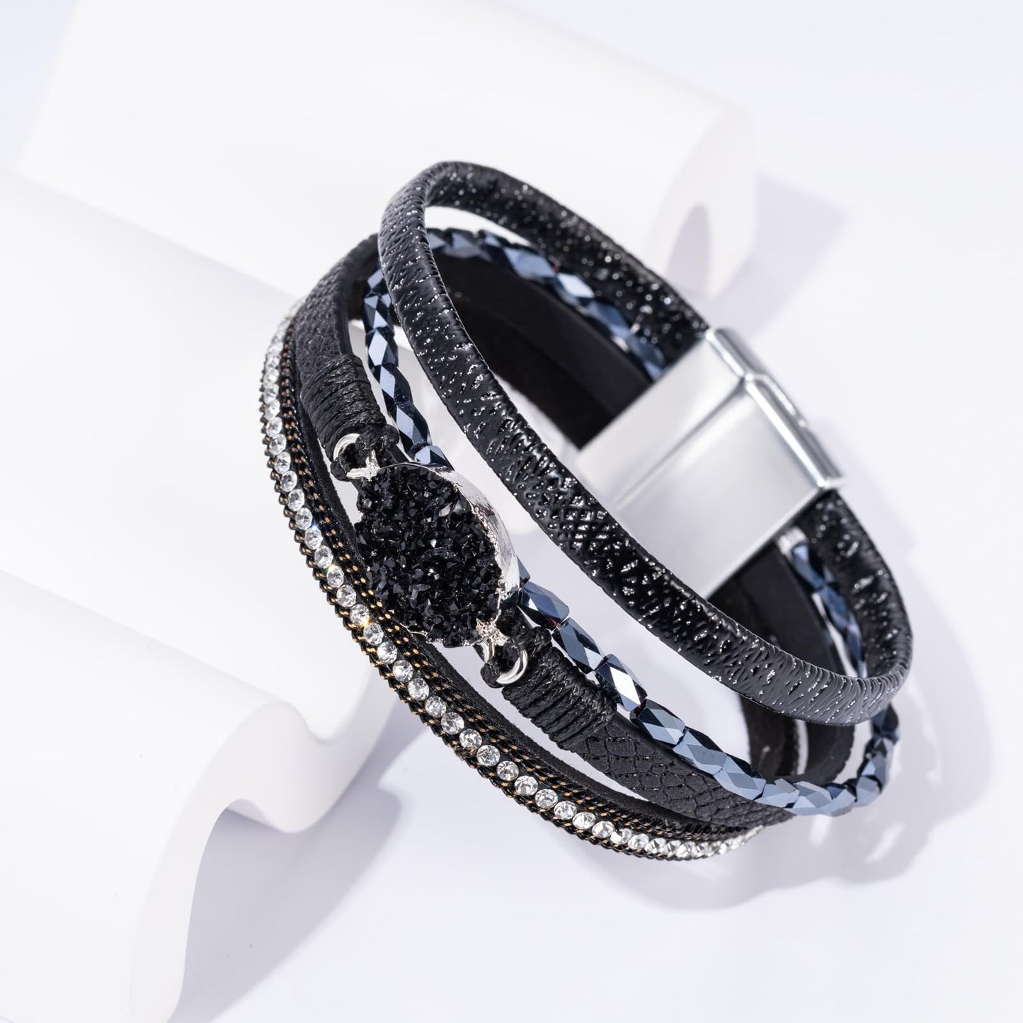 Becklynn Boho Leather Wrap Bracelets Beaded Crystal Stackable Cuff Bracelet with Magnetic Clasp Cowboy Cowgirl County Concert Outfits Western Jewelry Gifts for Women(Stone Black)