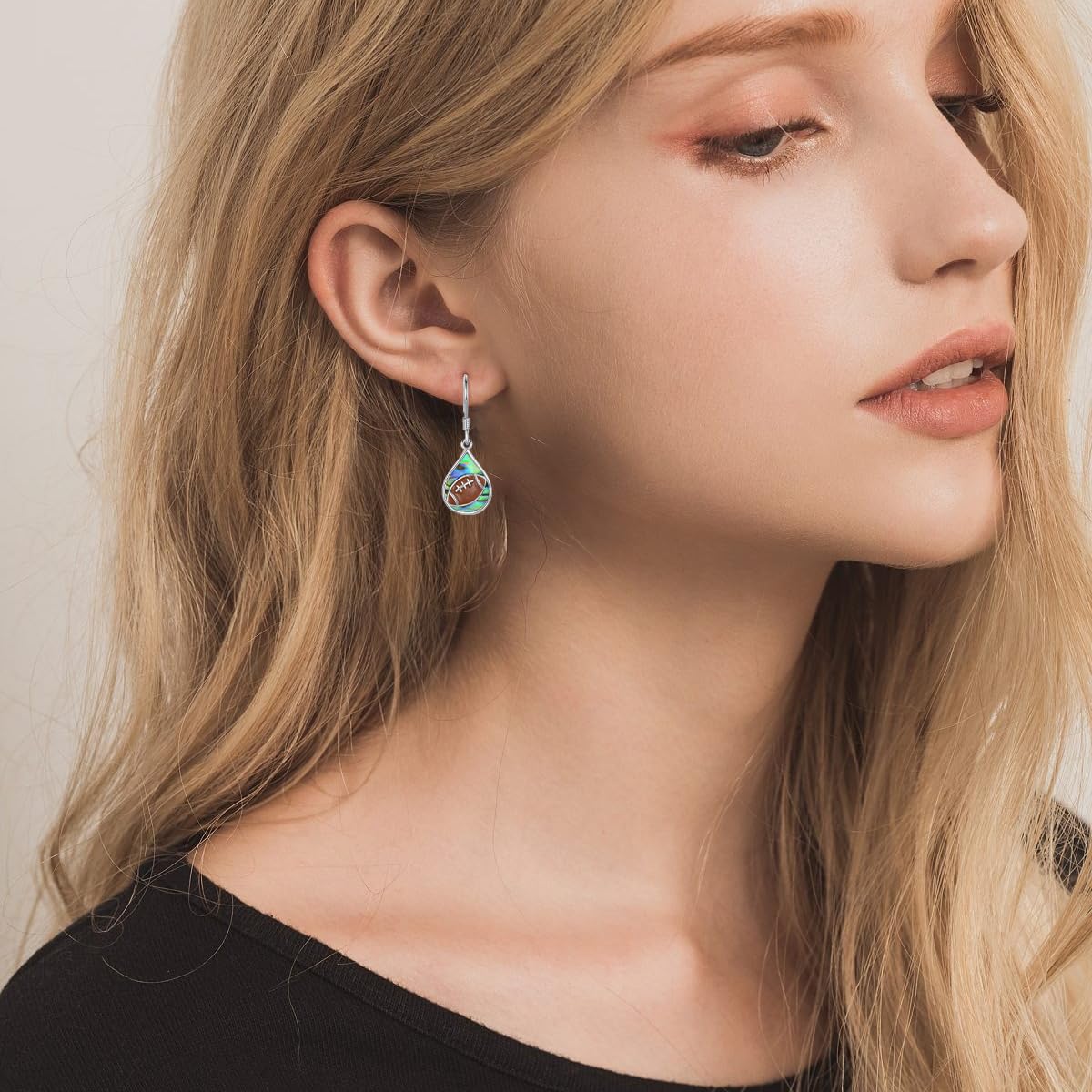 PROESS Abalone Shell Teardrop Football Earrings S925 Sterling Silver Rugby Dangle Earrings for Women Player Fans Sport Athletes Jewelry Gifts