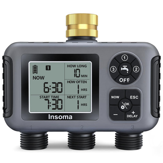 Insoma Water Timer with Brass Inlet, 3 Independent Zones Outdoor Hose Timer for Garden Faucet with Auto/Manual/Rain Delay Mode, IPX5 Waterproof, Sprinkler Irrigation Controller for Yard Lawn
