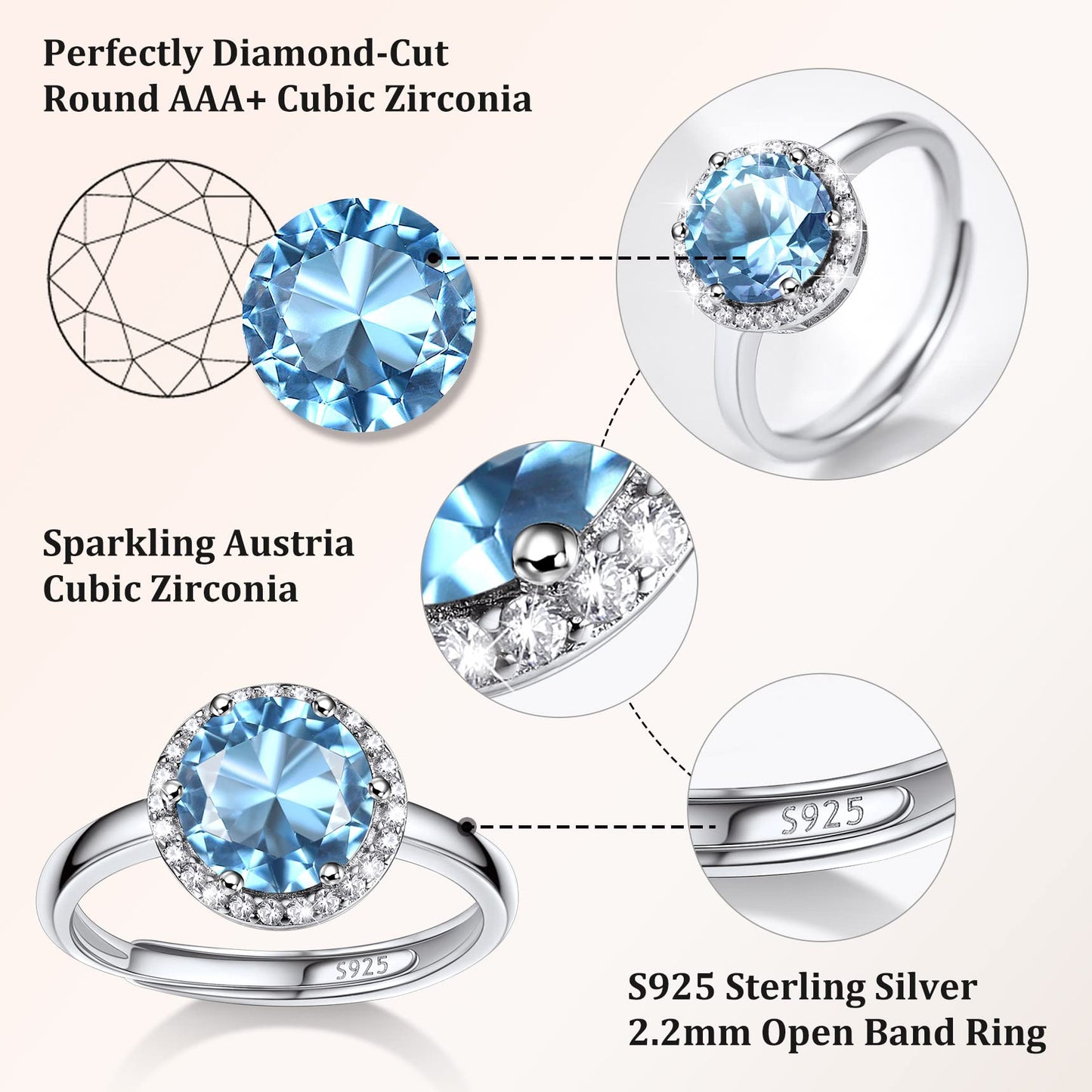 Bestyle 925 Sterling Silver Love Round Cubic Zirconia Rings March Aquamarine Crystal Gemstone Rings for Women, Hypoallergenic Adjustable Rings for Every Finger