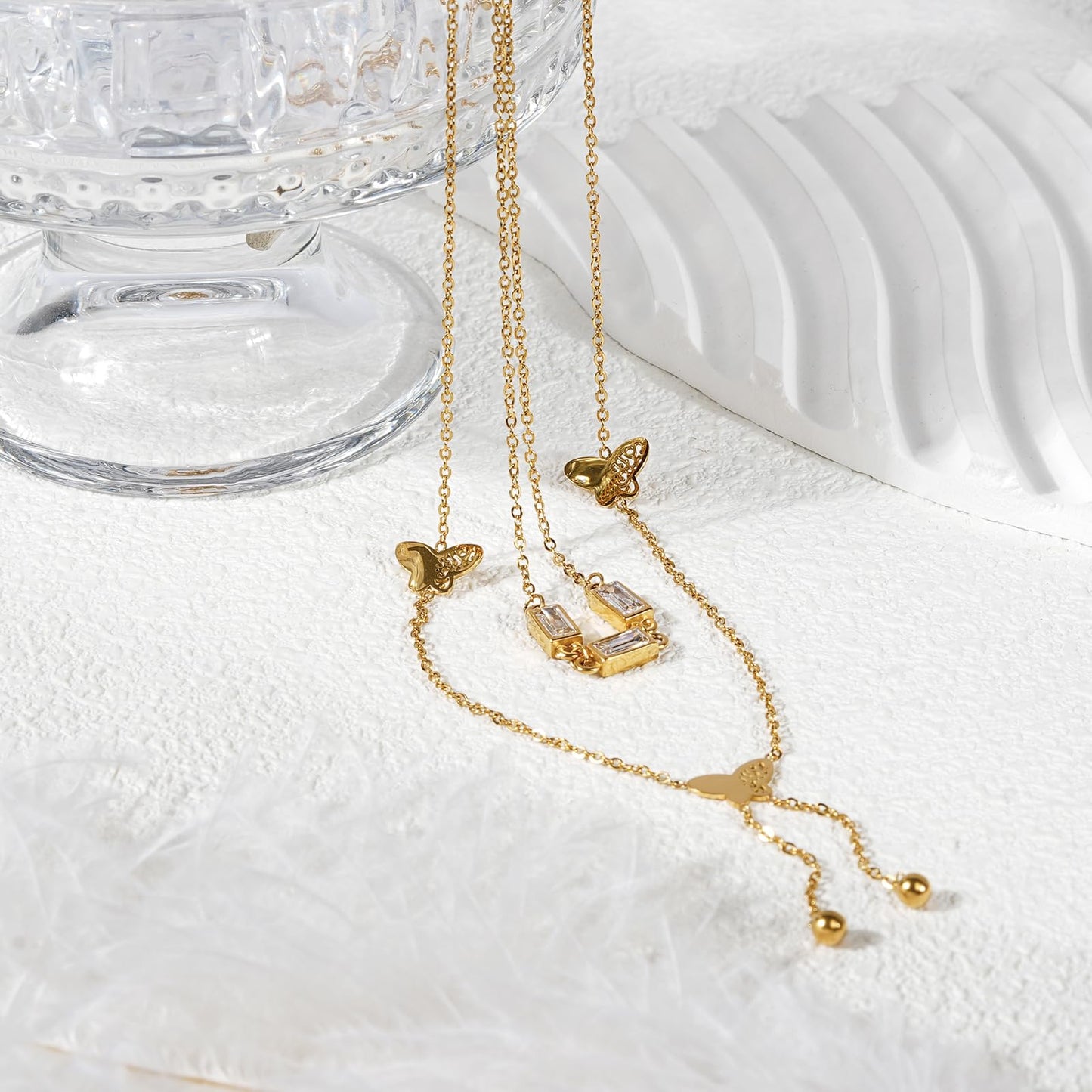 TaYolnFaSo 18K Gold Plated Double Layered Y Lariat Necklace Emerald Cut CZ Choker Butterflies Lariat Necklace Christmas Jewelry Gift for Women